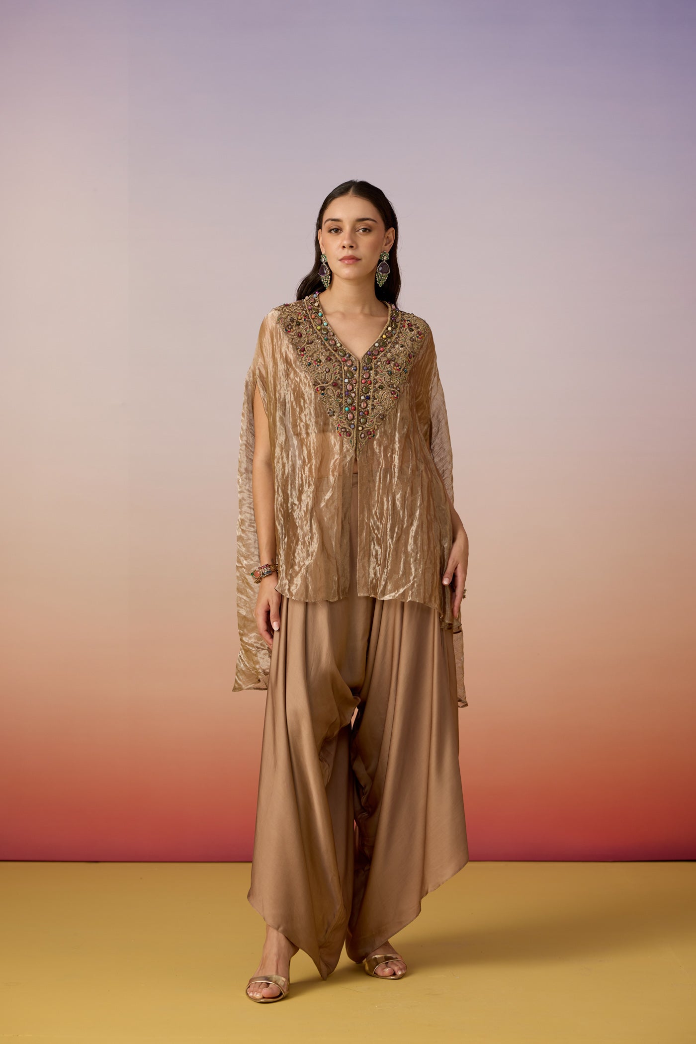 Bronze Brown Embellished Shimmer Tissue Silk Co-Ord Set