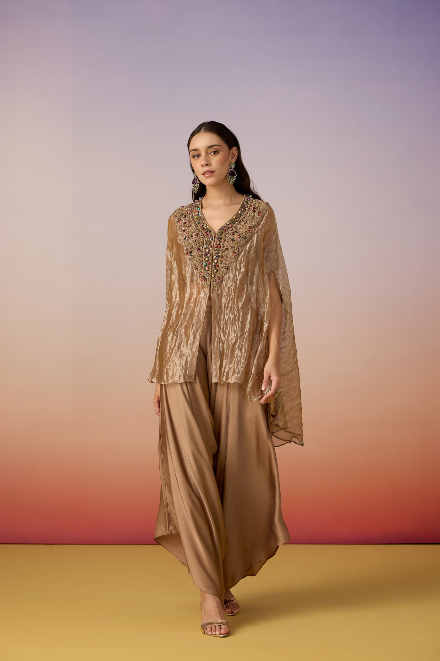 Bronze Brown Embellished Shimmer Tissue Silk Co-Ord Set