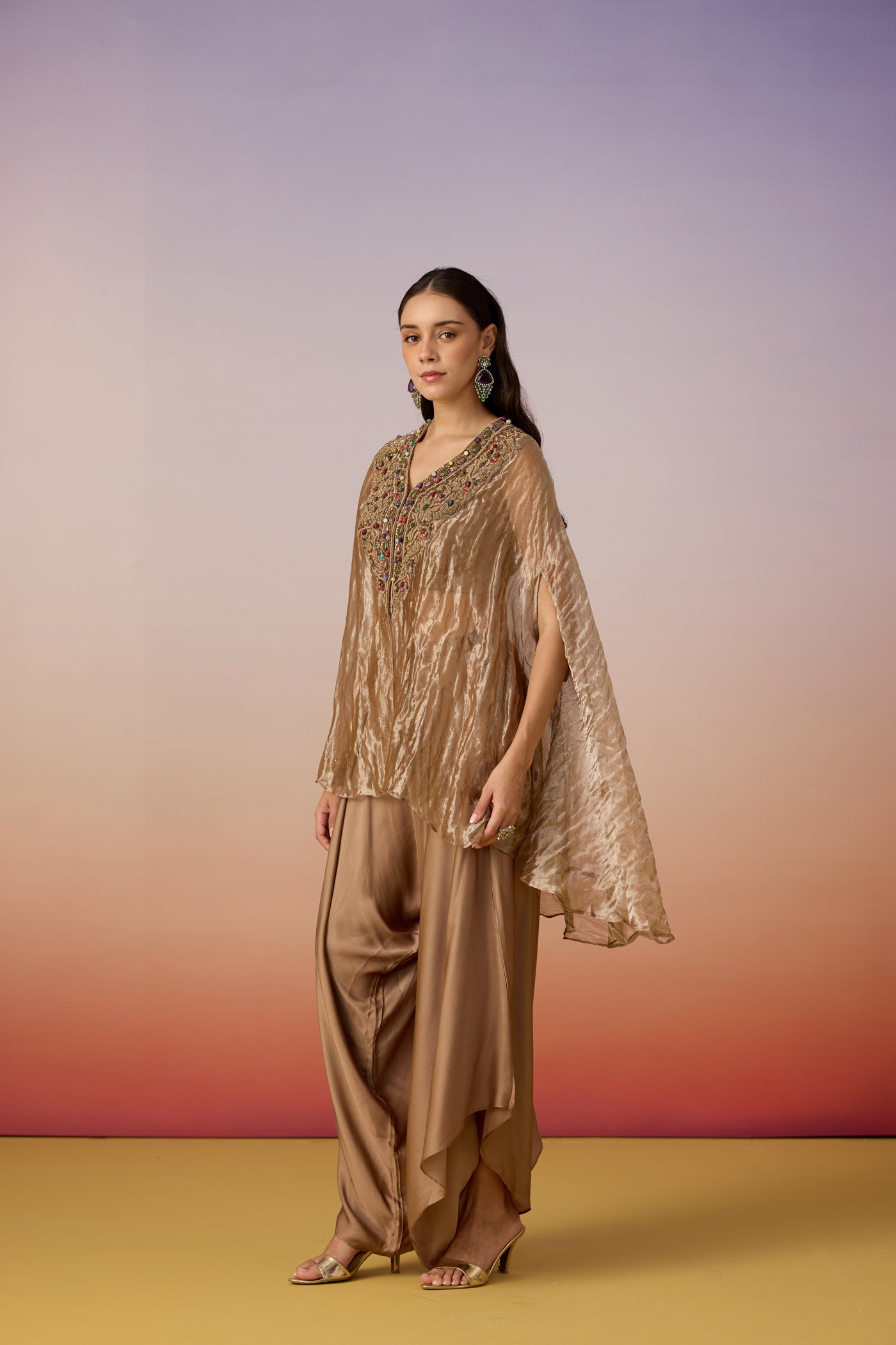 Bronze Brown Embellished Shimmer Tissue Silk Co-Ord Set