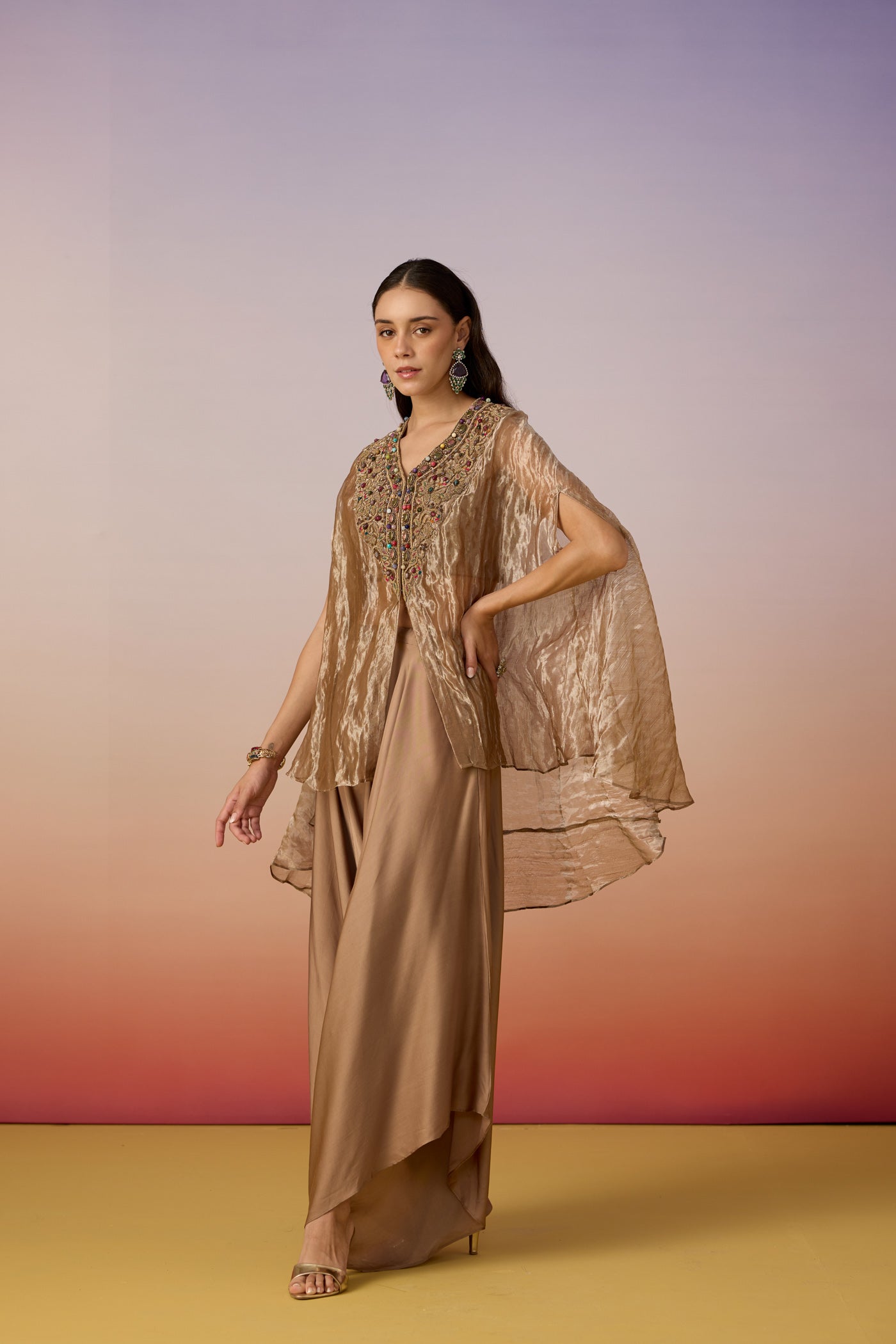 Bronze Brown Embellished Shimmer Tissue Silk Co-Ord Set