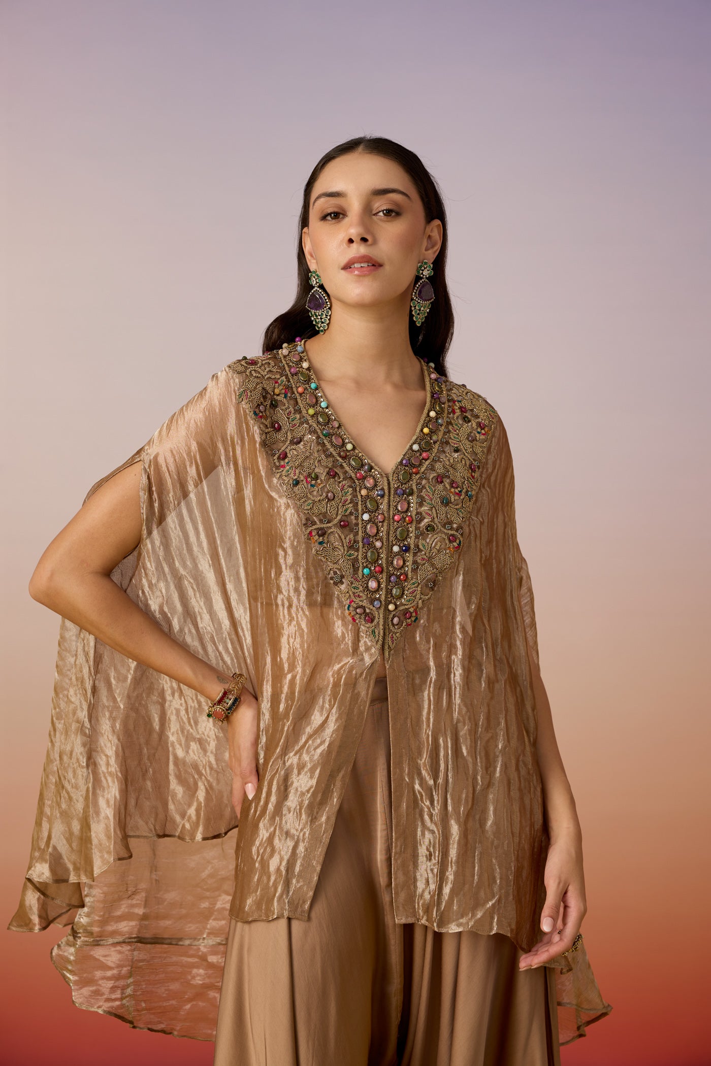 Bronze Brown Embellished Shimmer Tissue Silk Co-Ord Set