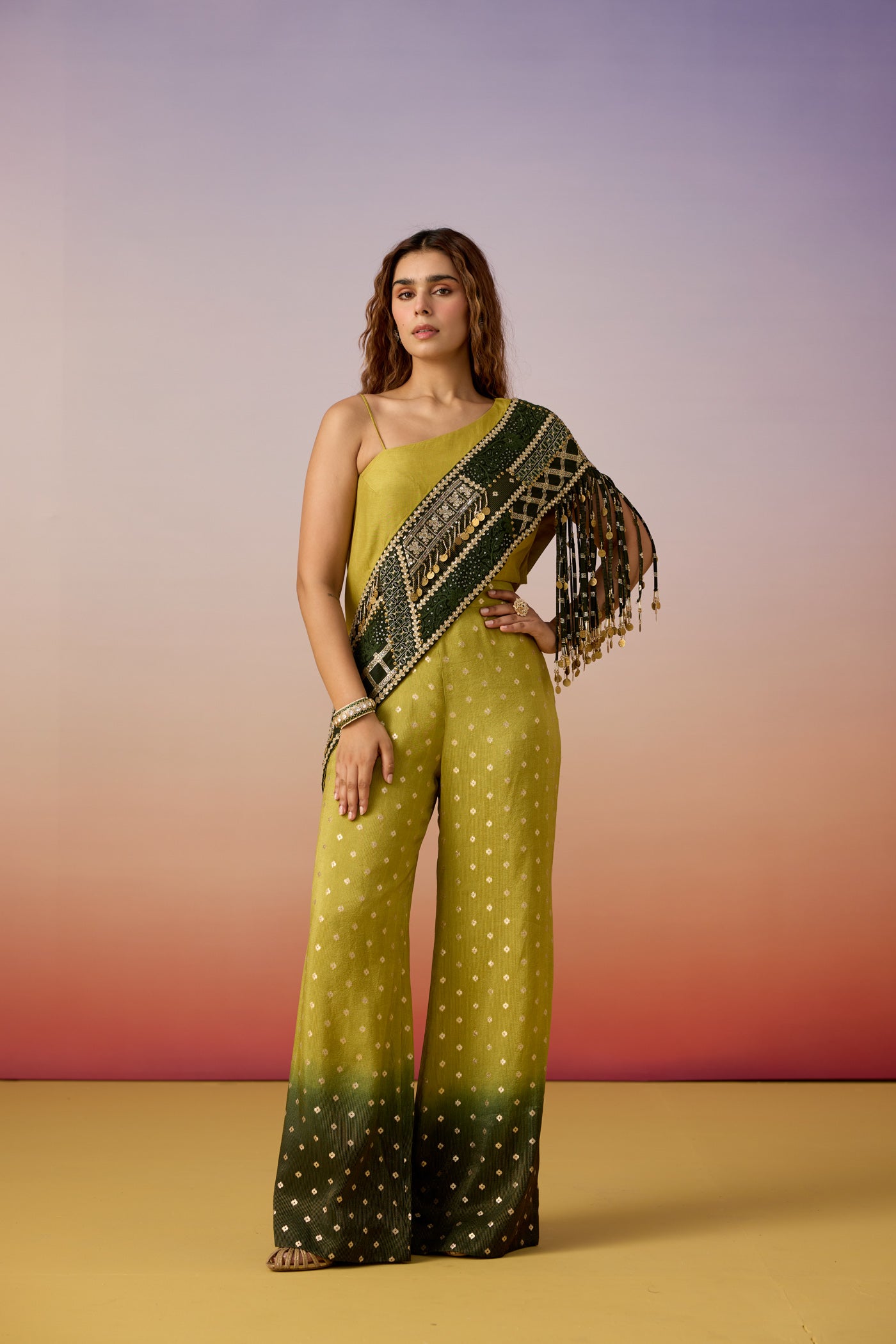 Forest Green Ombre Embellished Raw Silk Co-Ord Set