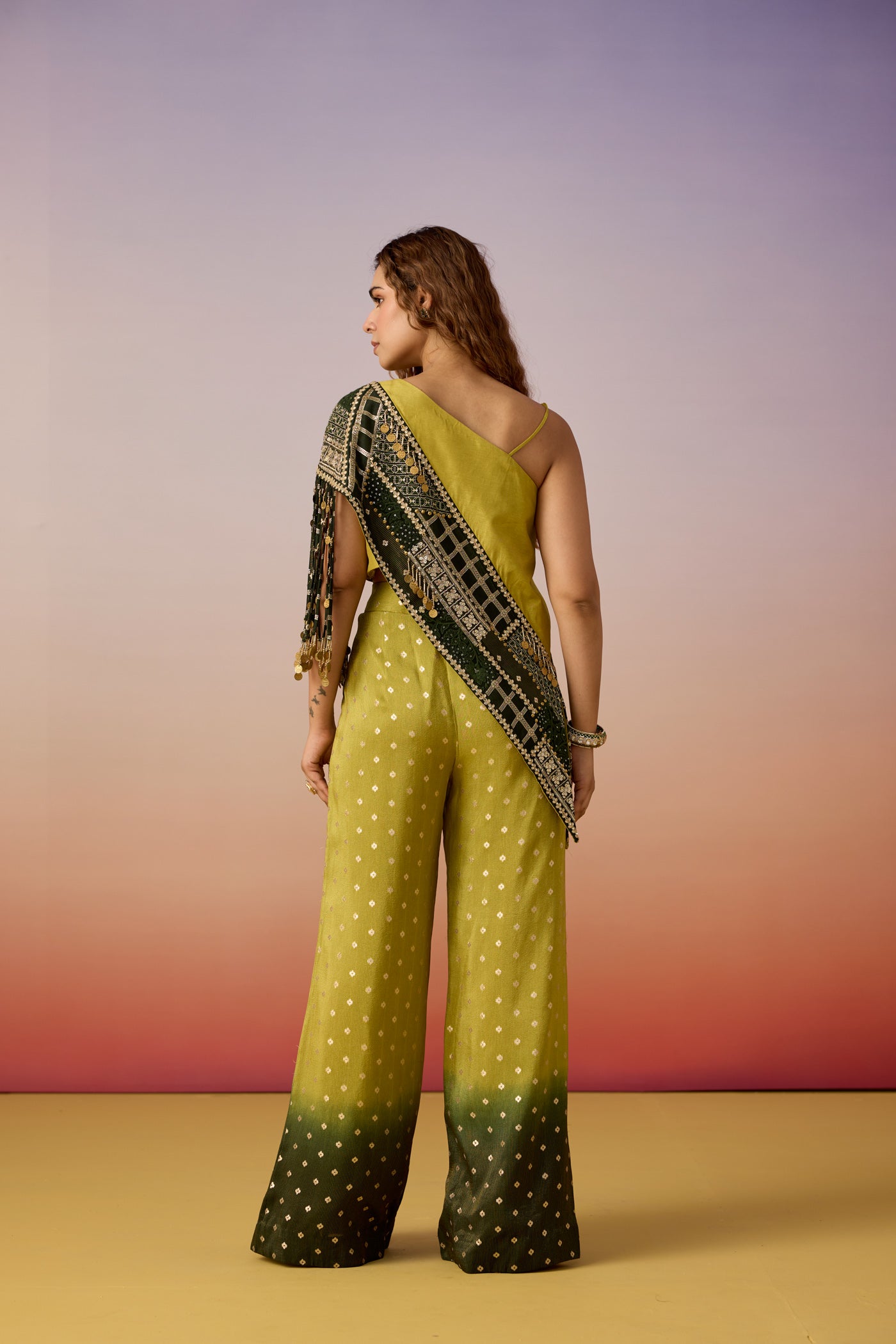 Forest Green Ombre Embellished Raw Silk Co-Ord Set