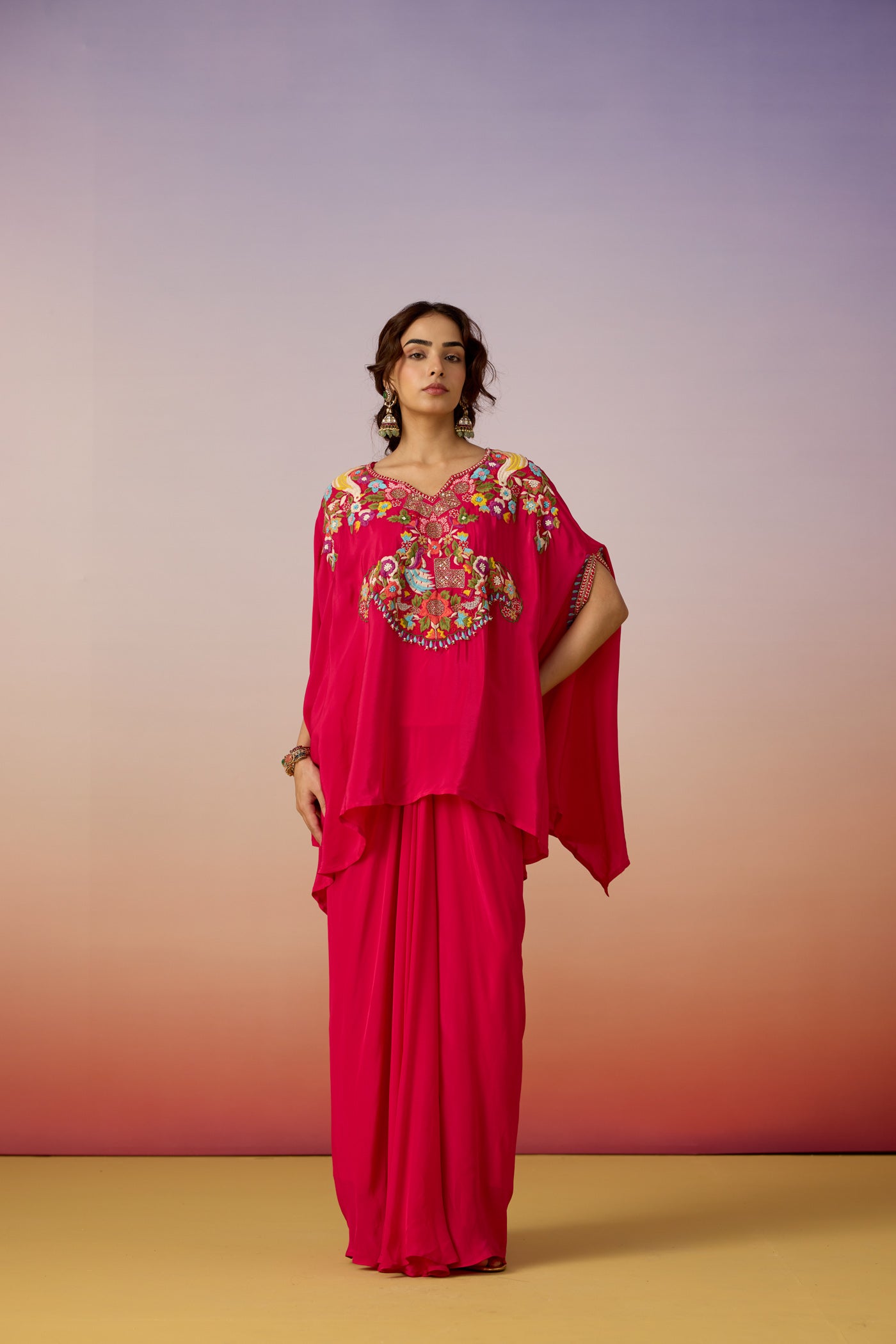 Magenta Solid Embroidered Chinon Silk Kaftan Set
