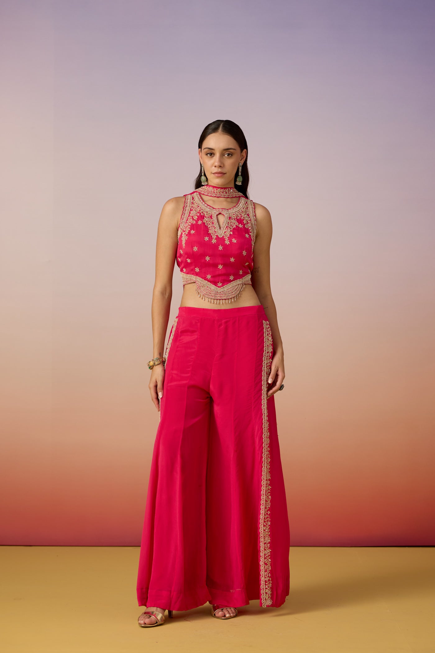Hot Pink Embellished Crepe Silk Palazzo Set
