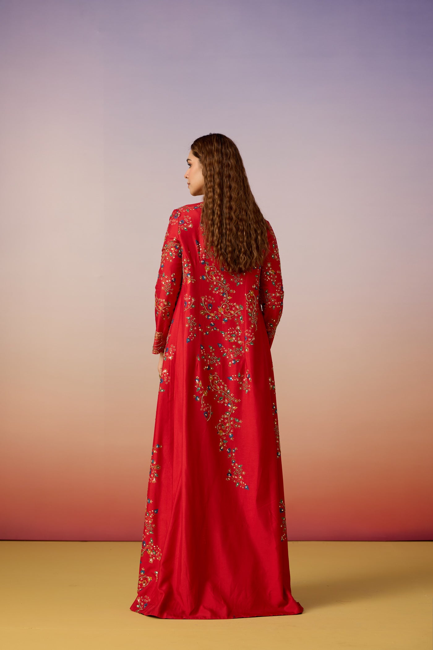 Classic Red Embellished Raw Silk Cape Palazzo Set