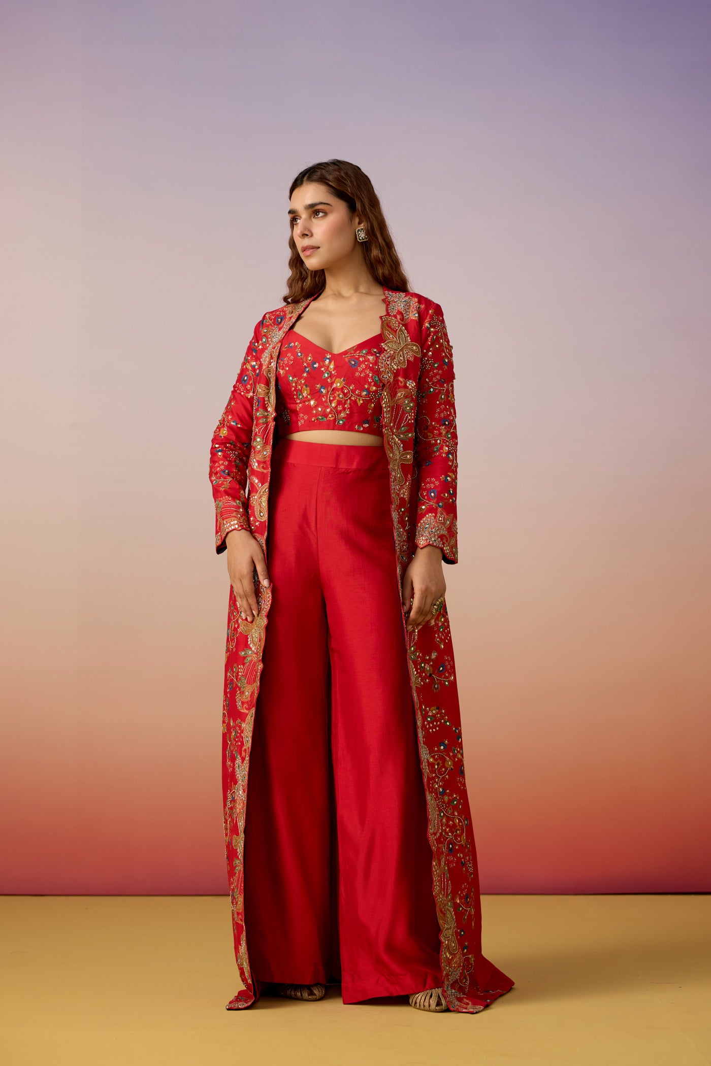 Classic Red Embellished Raw Silk Cape Palazzo Set