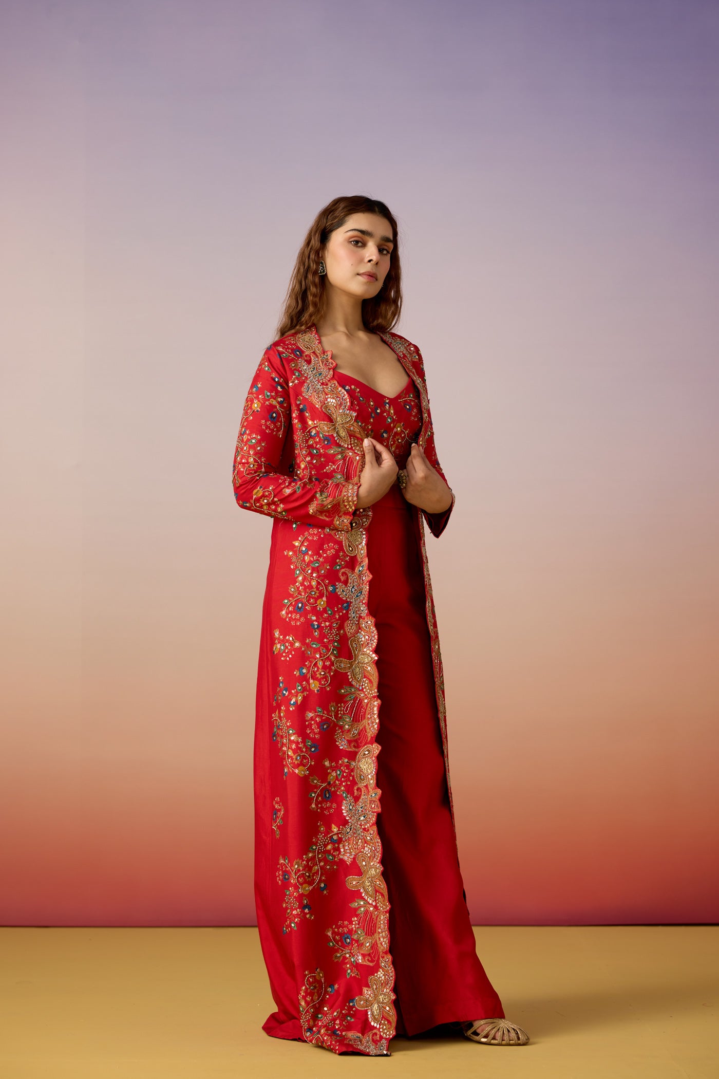 Classic Red Embellished Raw Silk Cape Palazzo Set