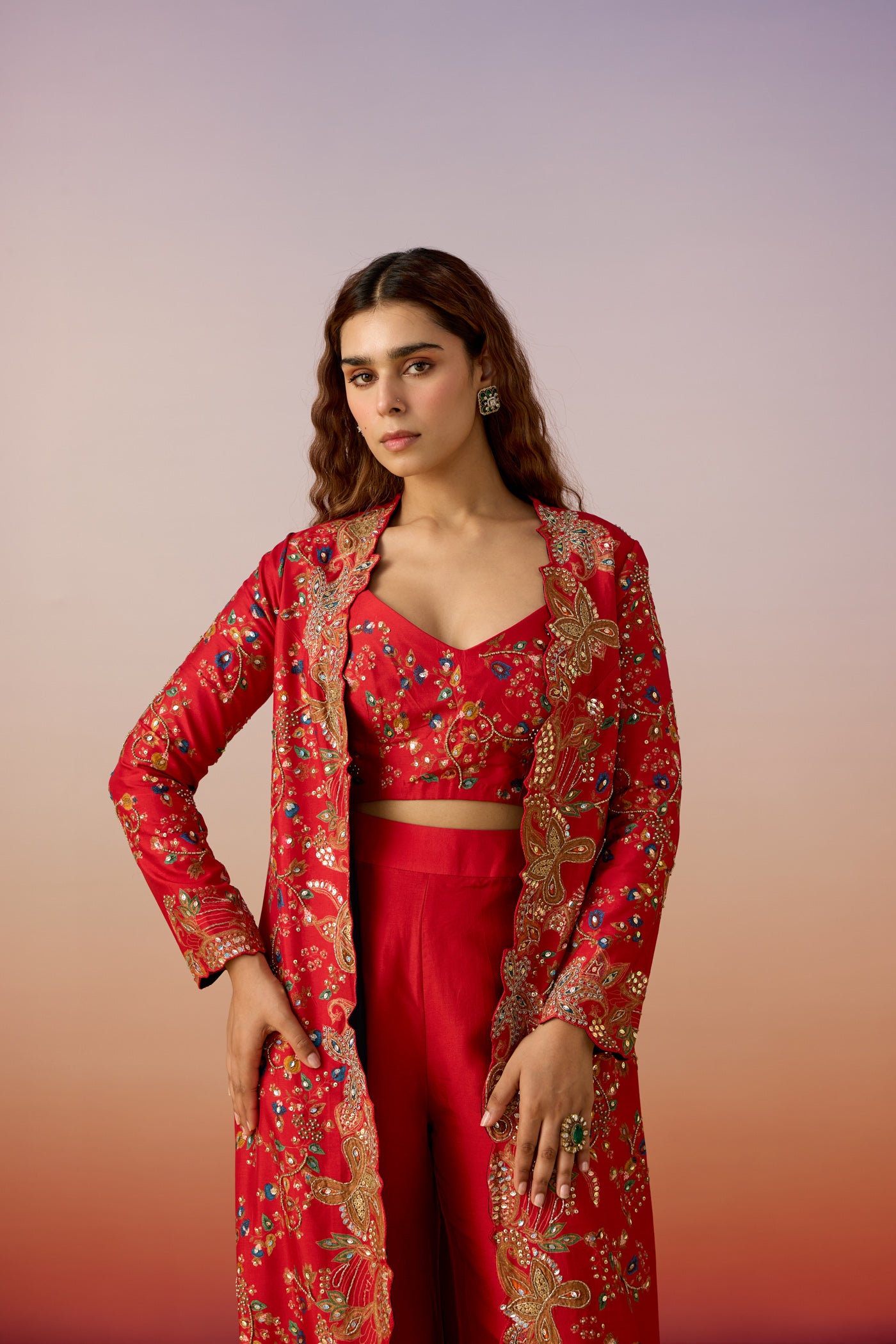 Classic Red Embellished Raw Silk Cape Palazzo Set