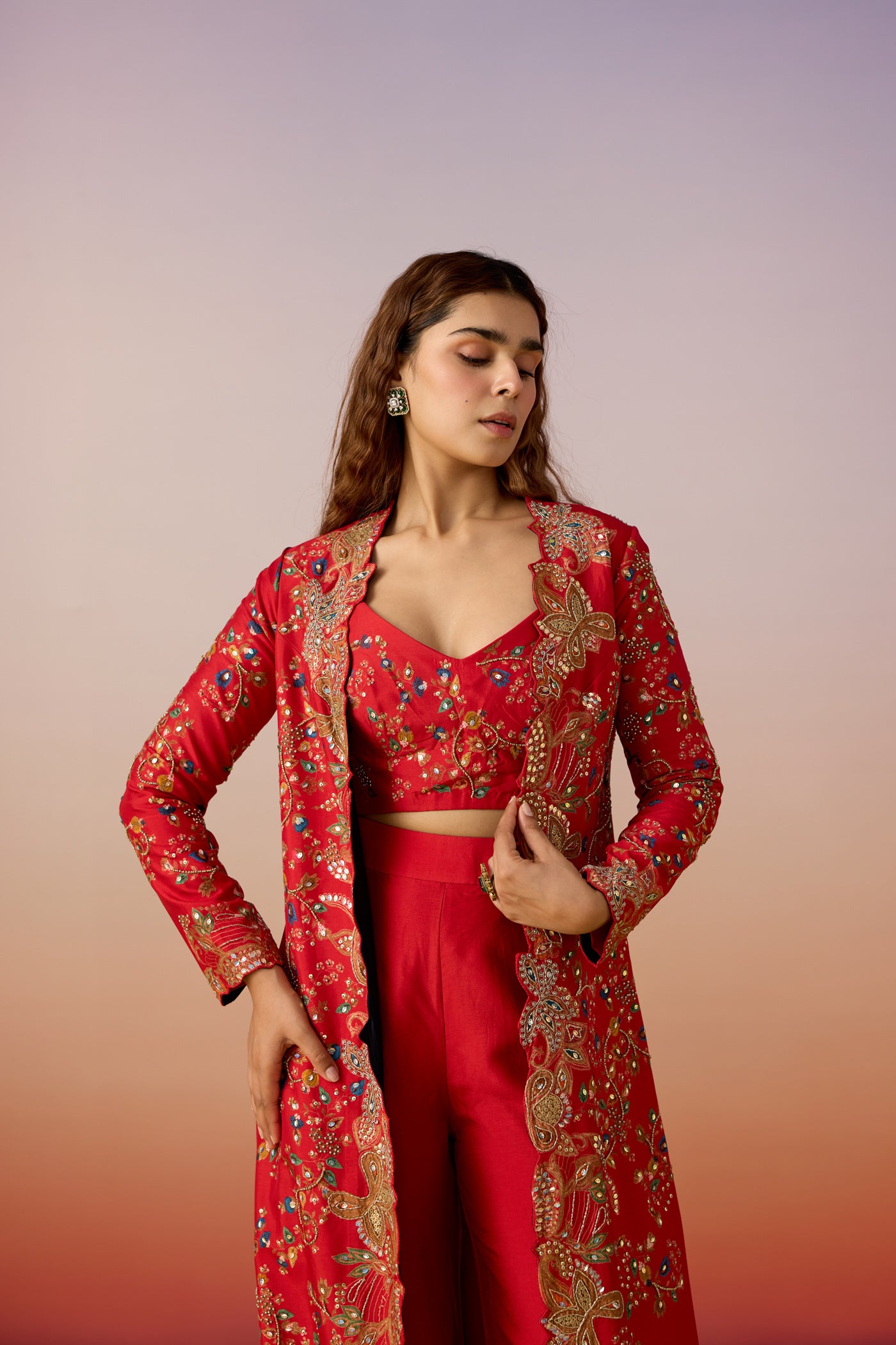 Classic Red Embellished Raw Silk Cape Palazzo Set