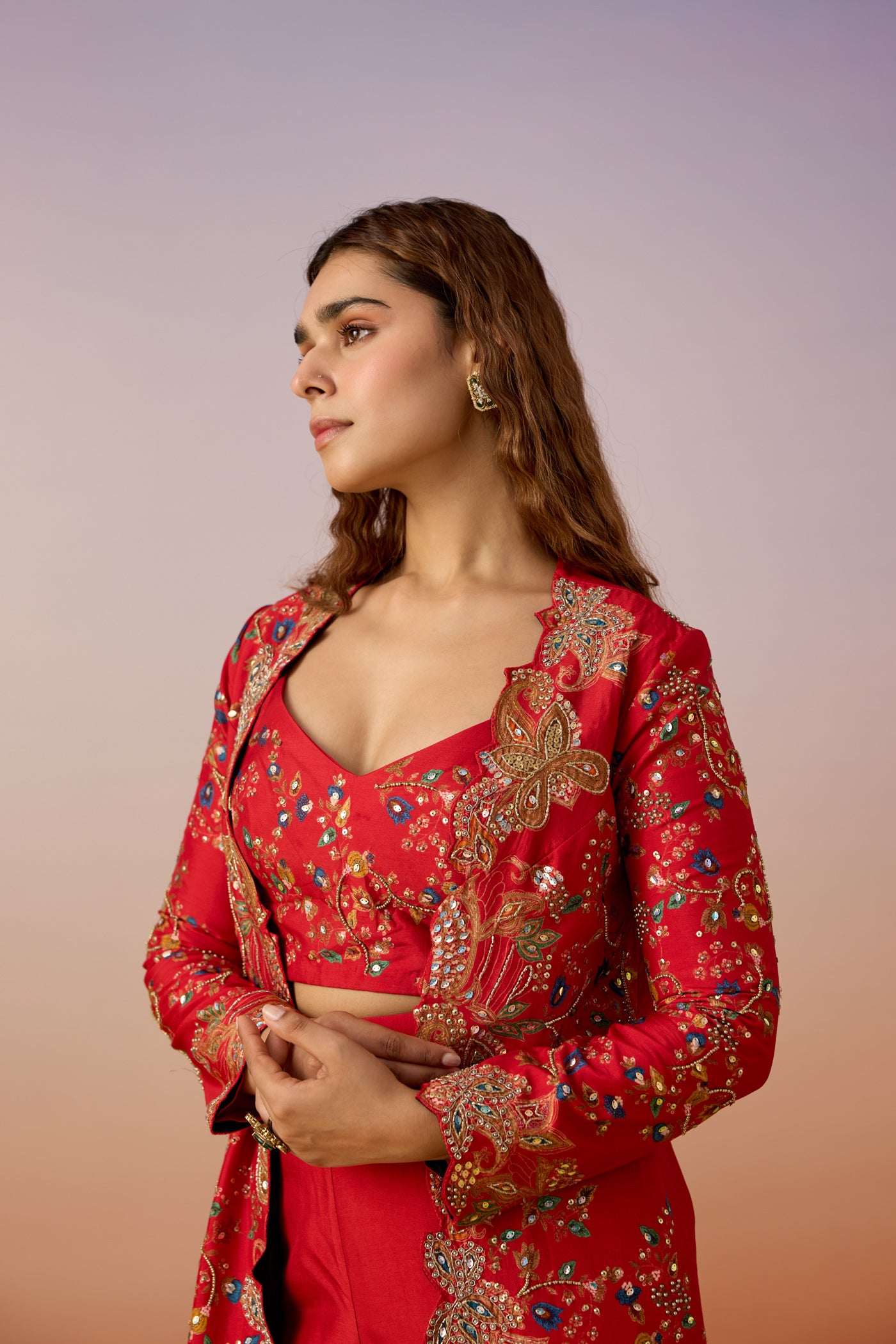 Classic Red Embellished Raw Silk Cape Palazzo Set