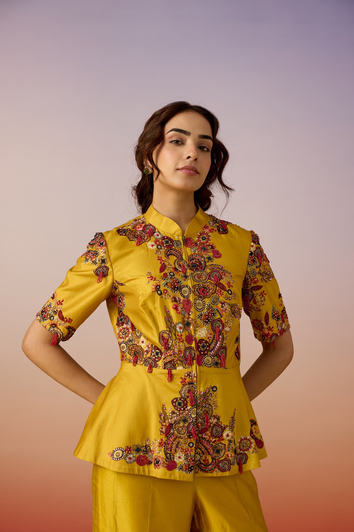 Antique Yellow Embellished Premium Silk Palazzo Set