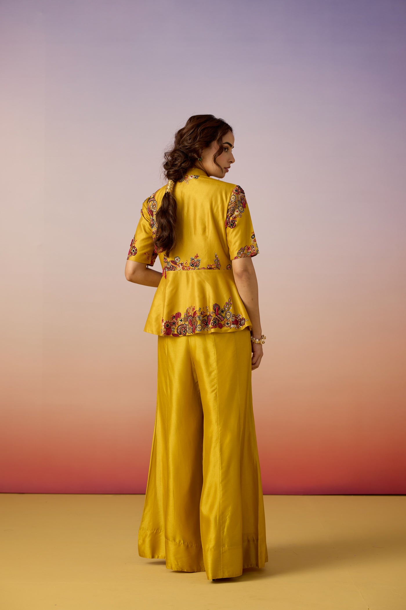 Antique Yellow Embellished Premium Silk Palazzo Set