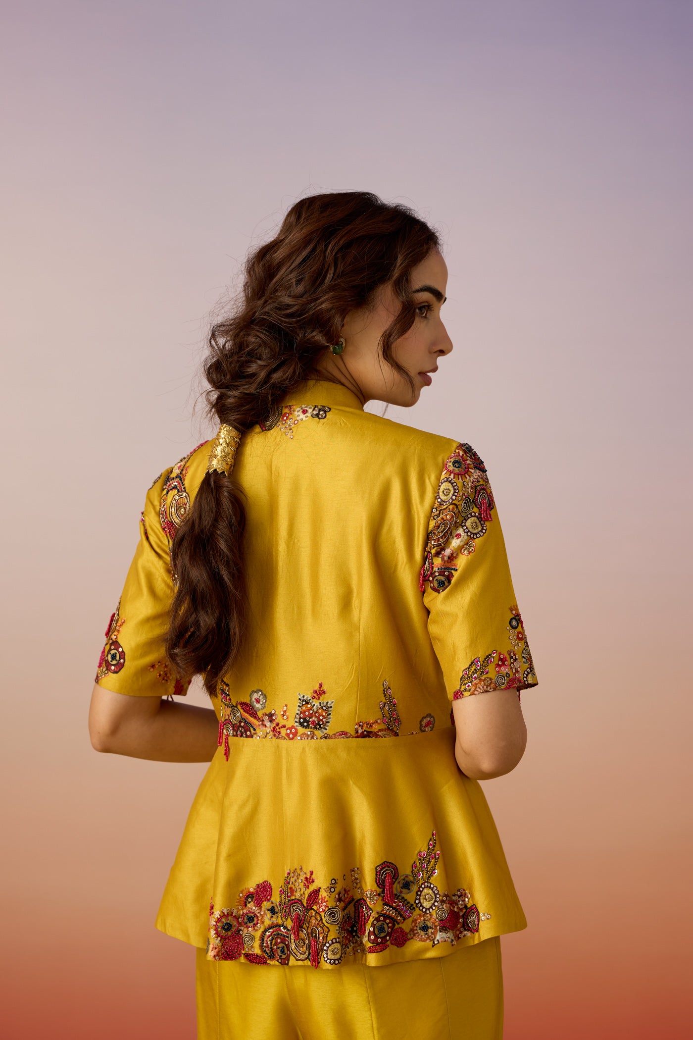 Antique Yellow Embellished Premium Silk Palazzo Set