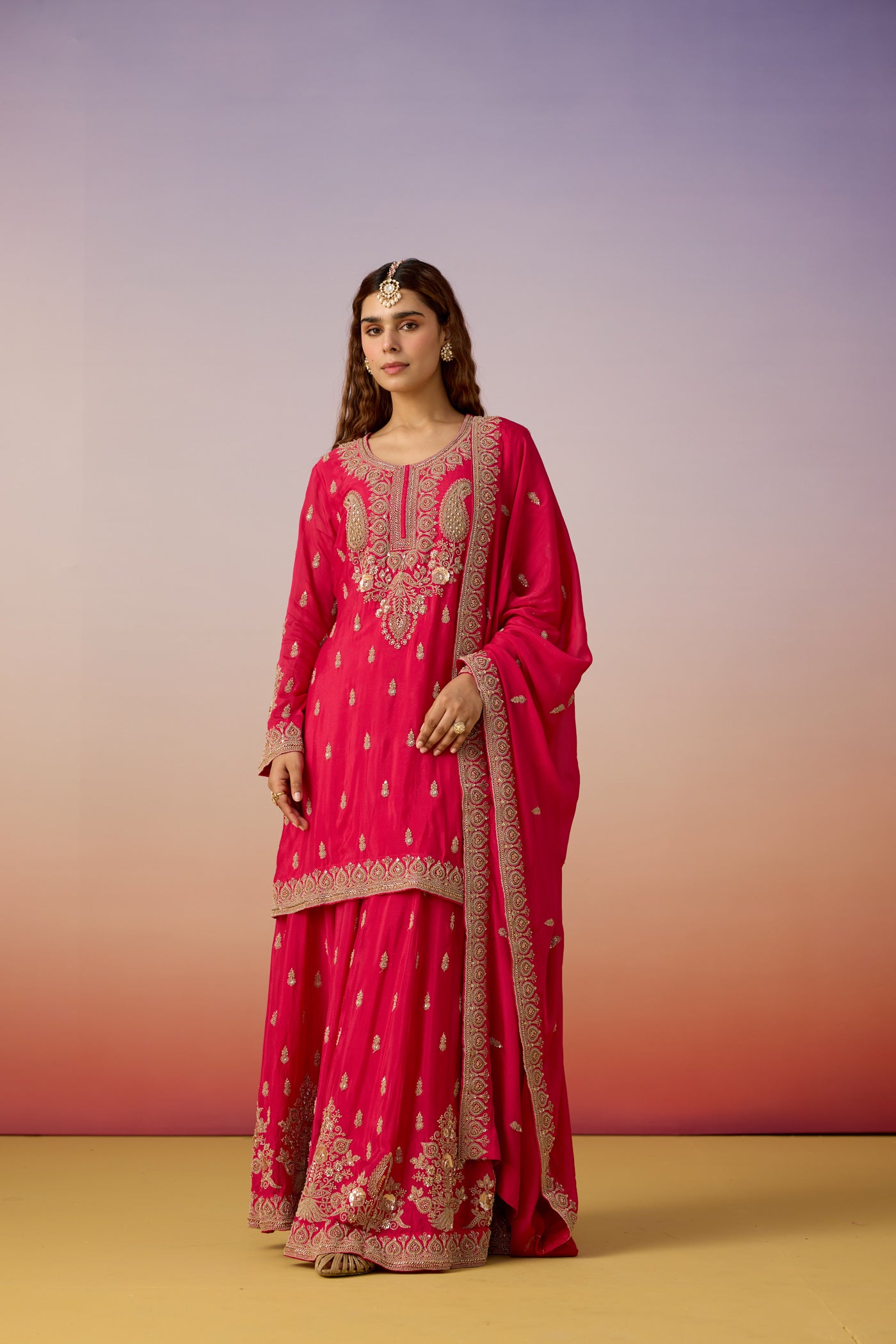 Rani Pink Embellished Chinon Silk Sharara Set