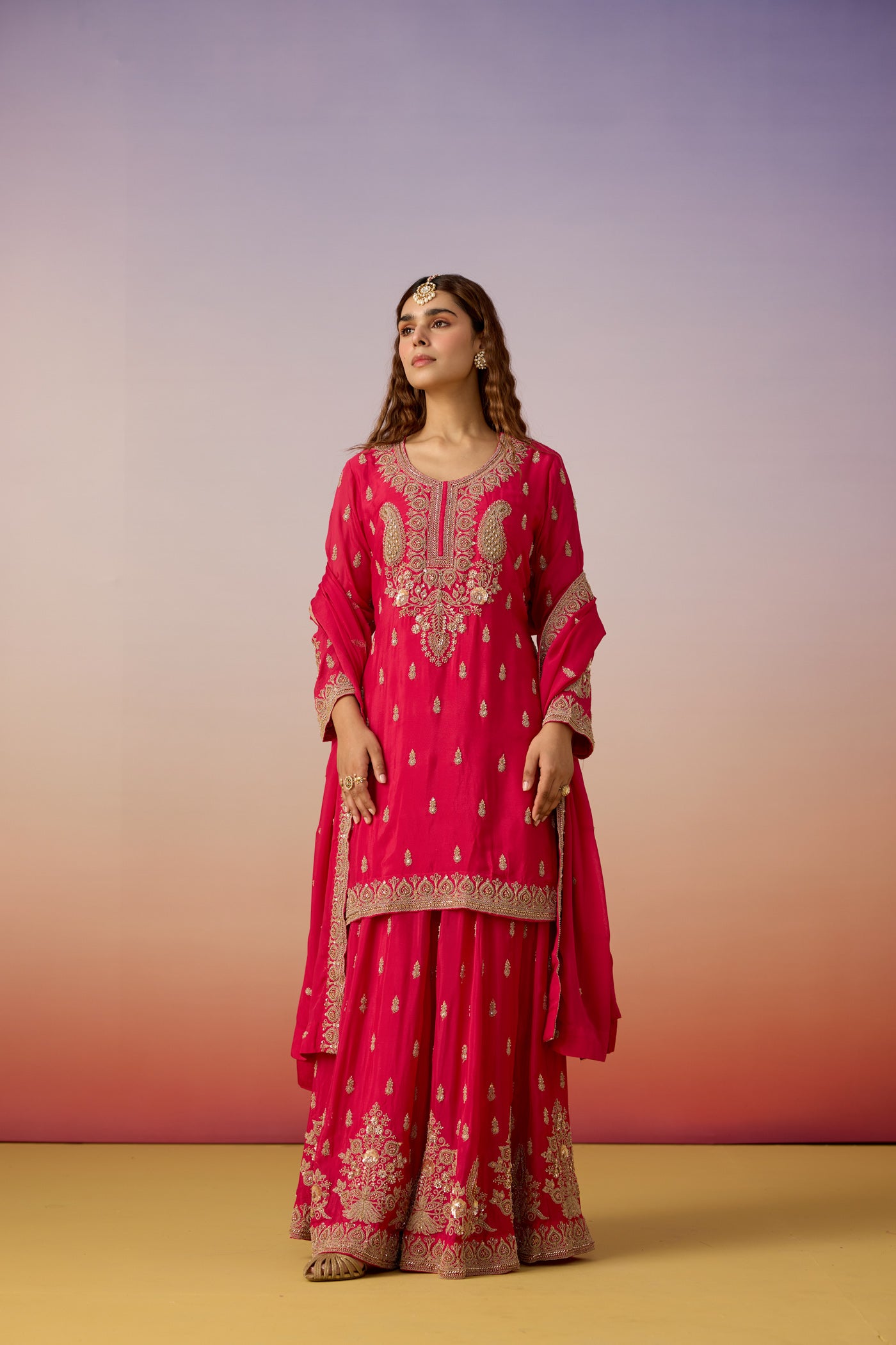 Rani Pink Embellished Chinon Silk Sharara Set