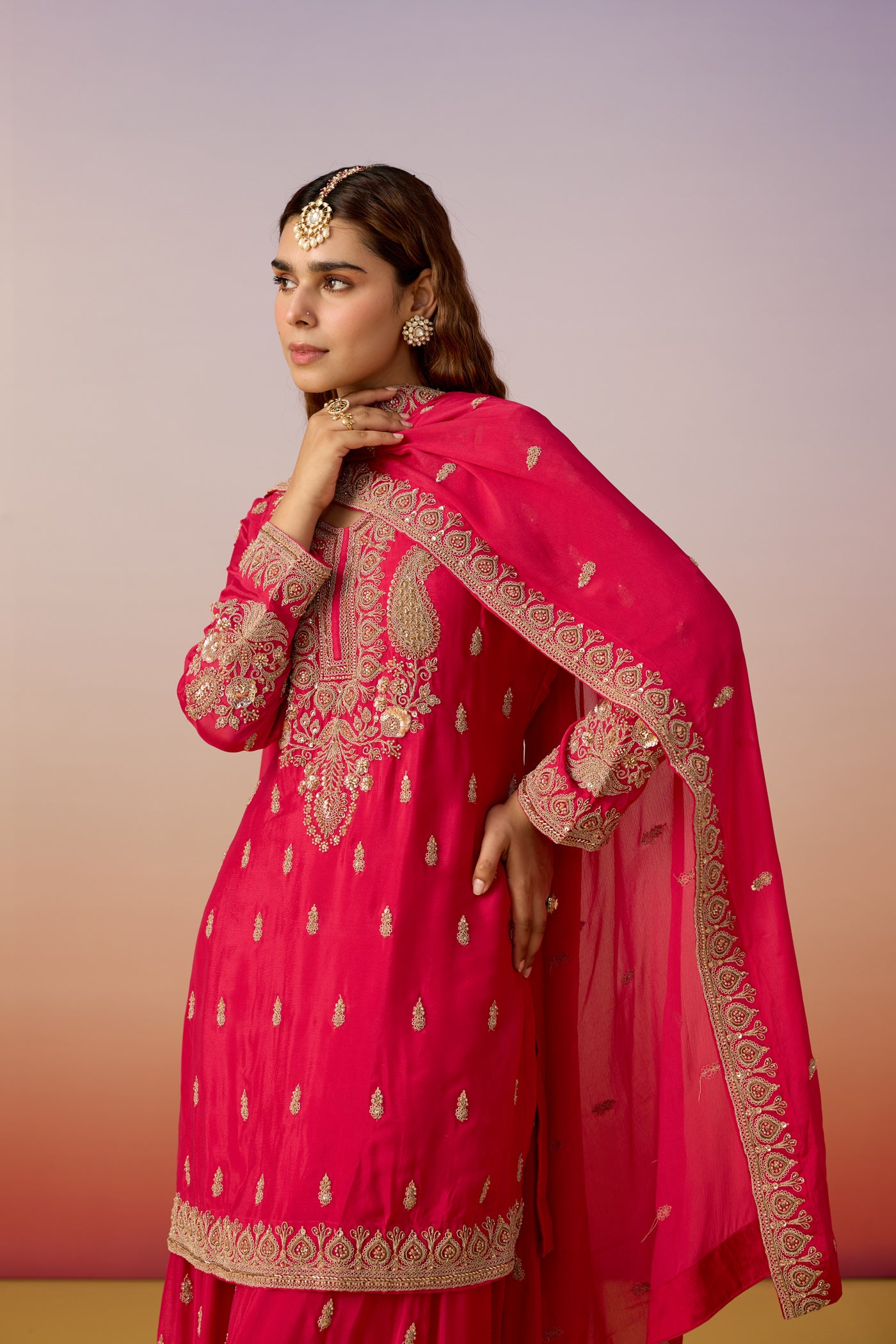 Rani Pink Embellished Chinon Silk Sharara Set