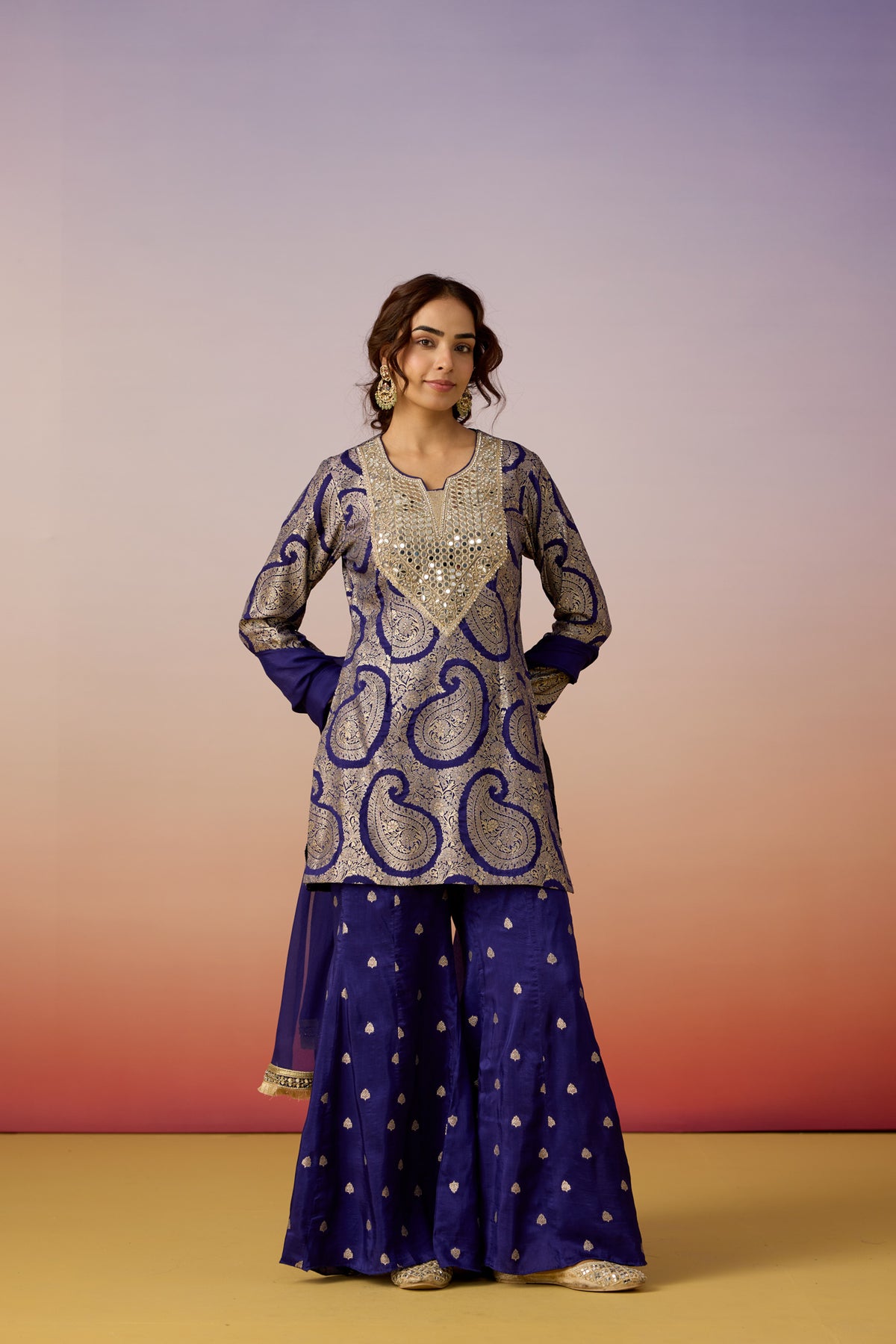 Royal Blue Embellished Brocade Silk Palazzo Set