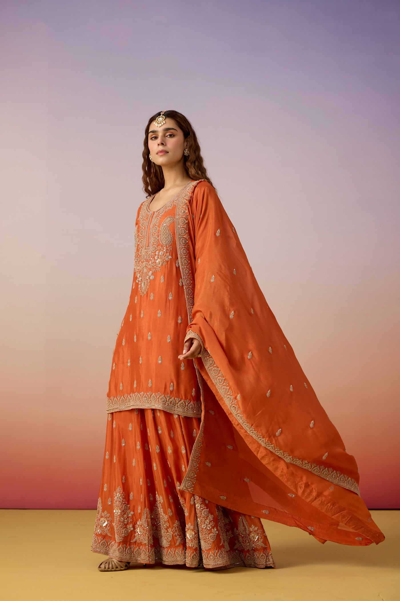 Burnt Orange Embellished Chinon Silk Sharara Set