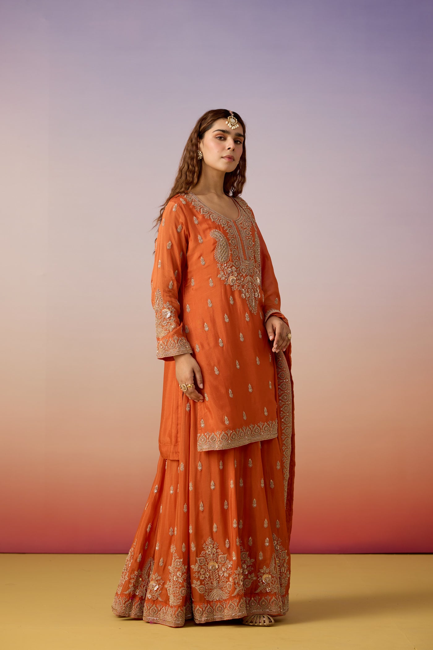Burnt Orange Embellished Chinon Silk Sharara Set