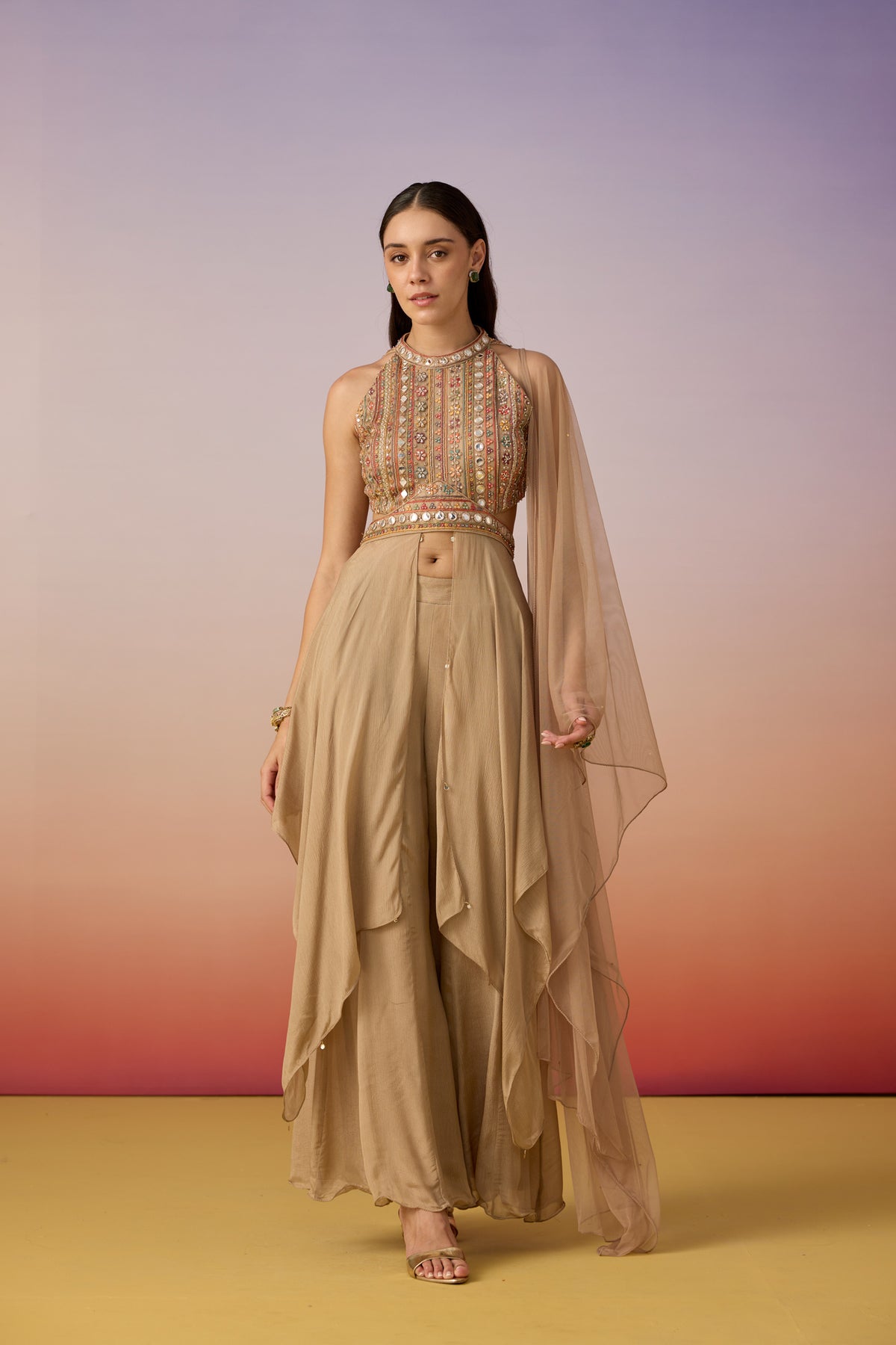 Deep Beige Embellished Chinon Silk Palazzo Set