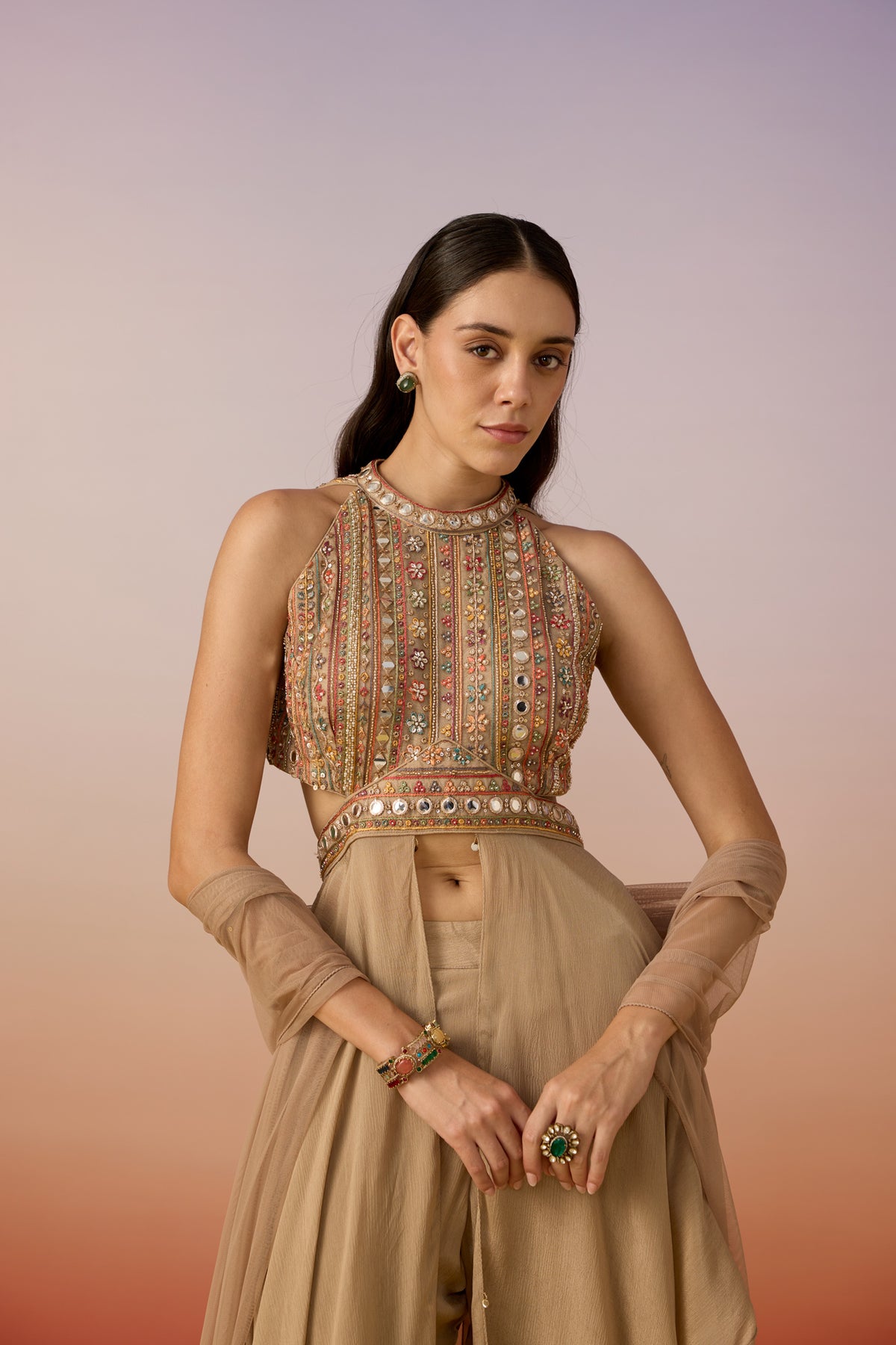Deep Beige Embellished Chinon Silk Palazzo Set