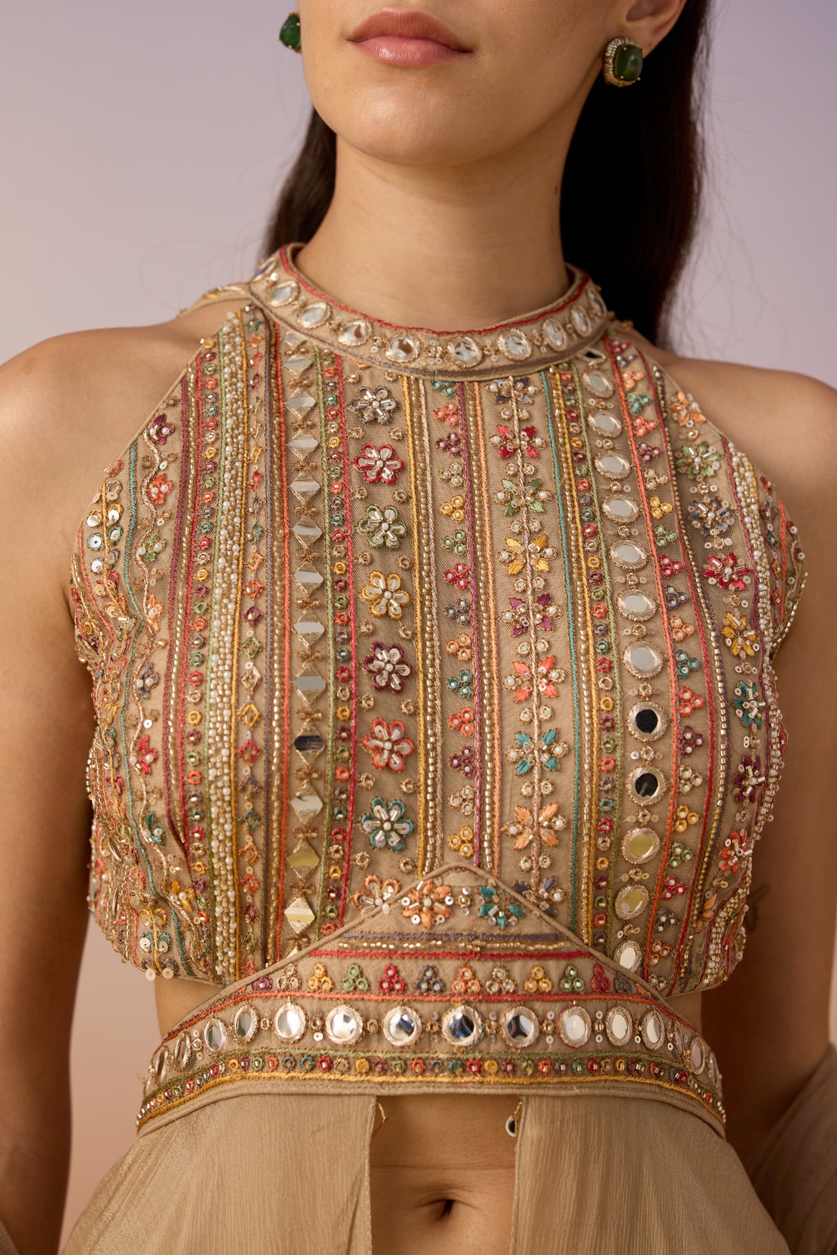 Deep Beige Embellished Chinon Silk Palazzo Set