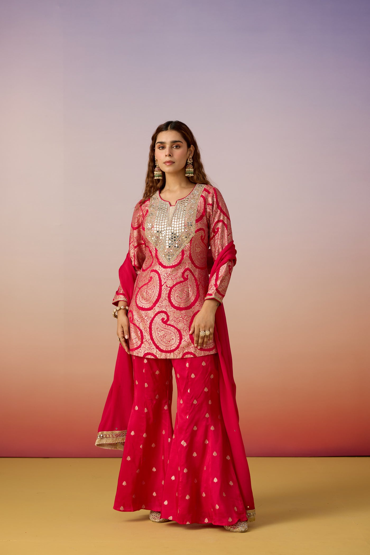Mulberry Pink Embellished Brocade Silk Palazzo Set
