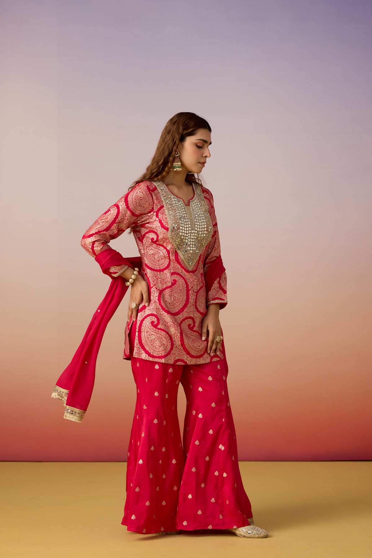 Mulberry Pink Embellished Brocade Silk Palazzo Set