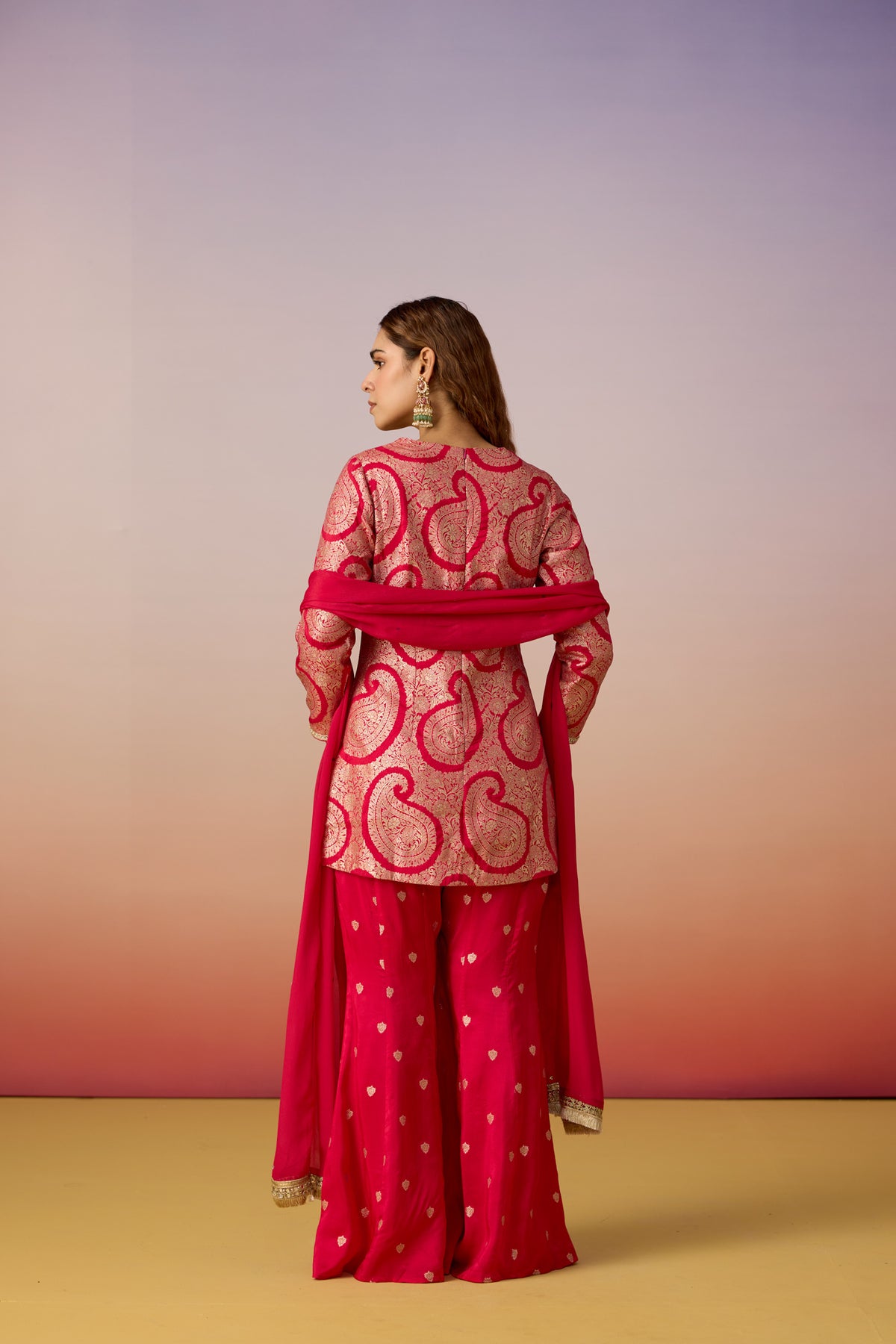 Mulberry Pink Embellished Brocade Silk Palazzo Set