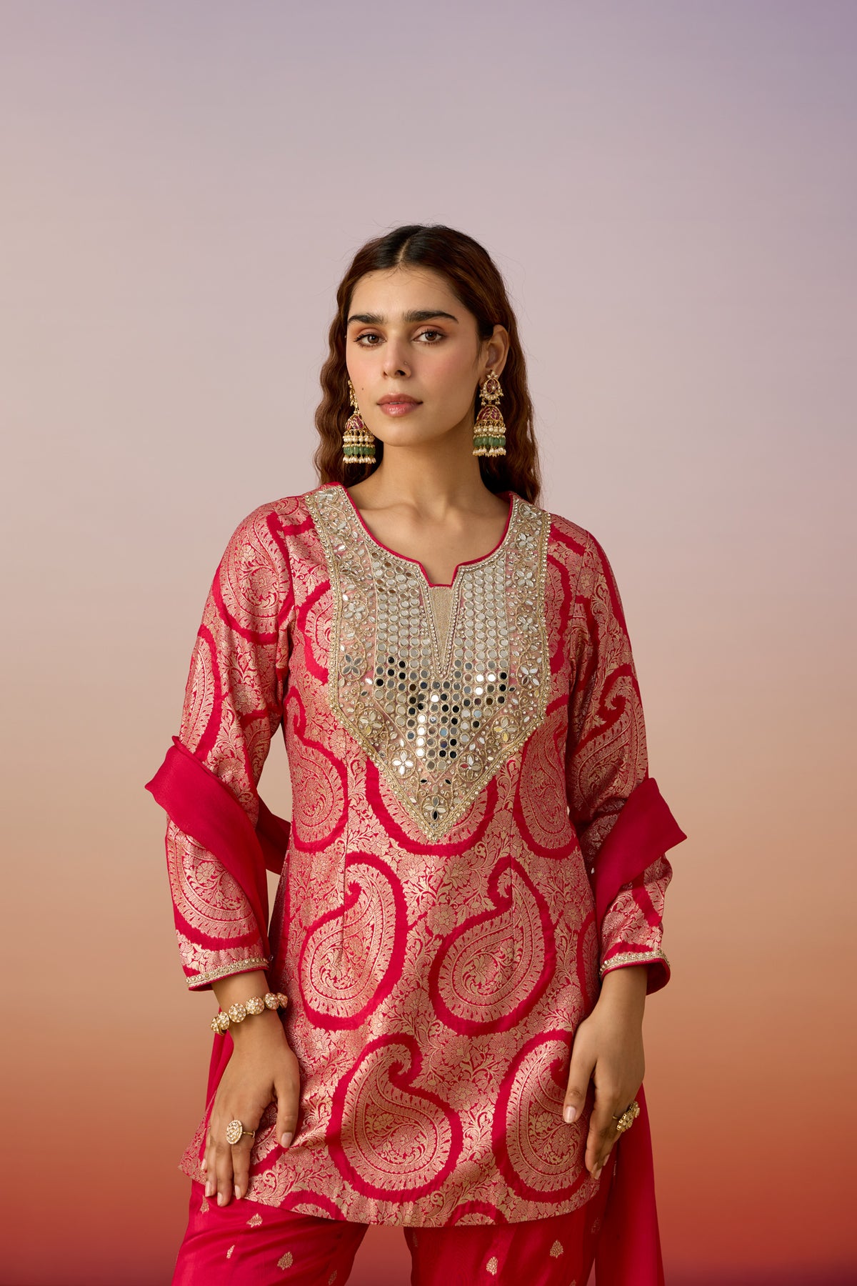 Mulberry Pink Embellished Brocade Silk Palazzo Set