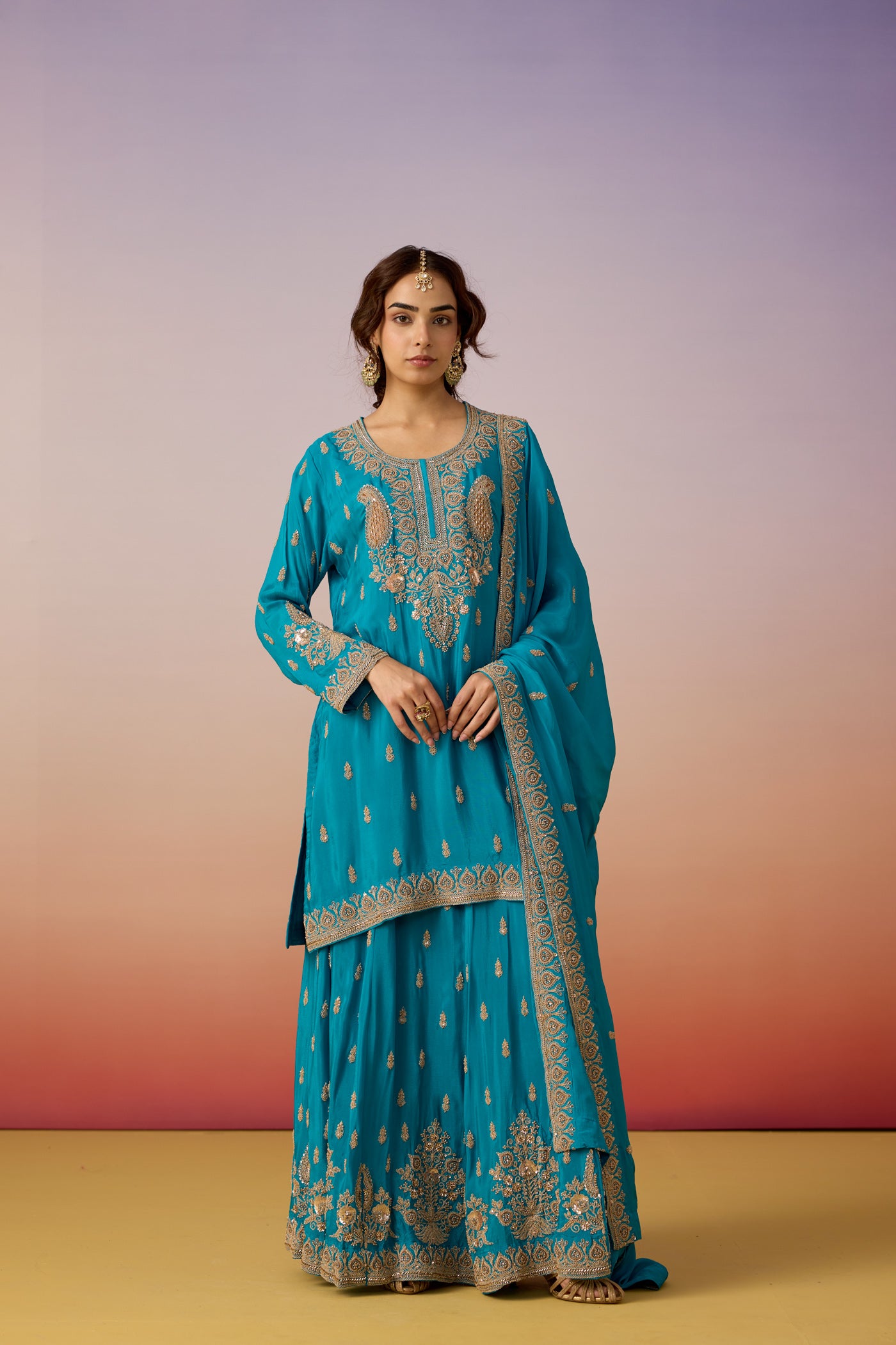 Turquoise Blue Embellished Chinon Silk Sharara Set