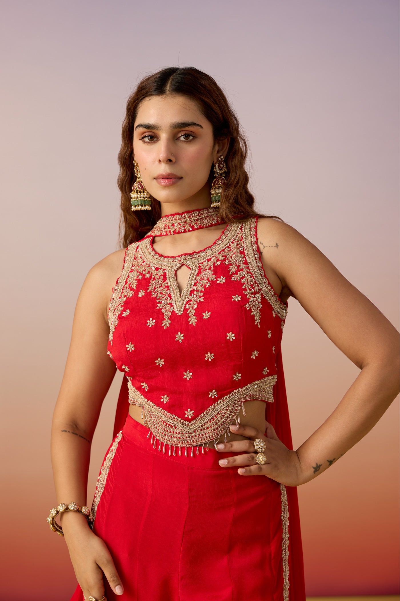 Crimson Red Embellished Crepe Silk Palazzo Set