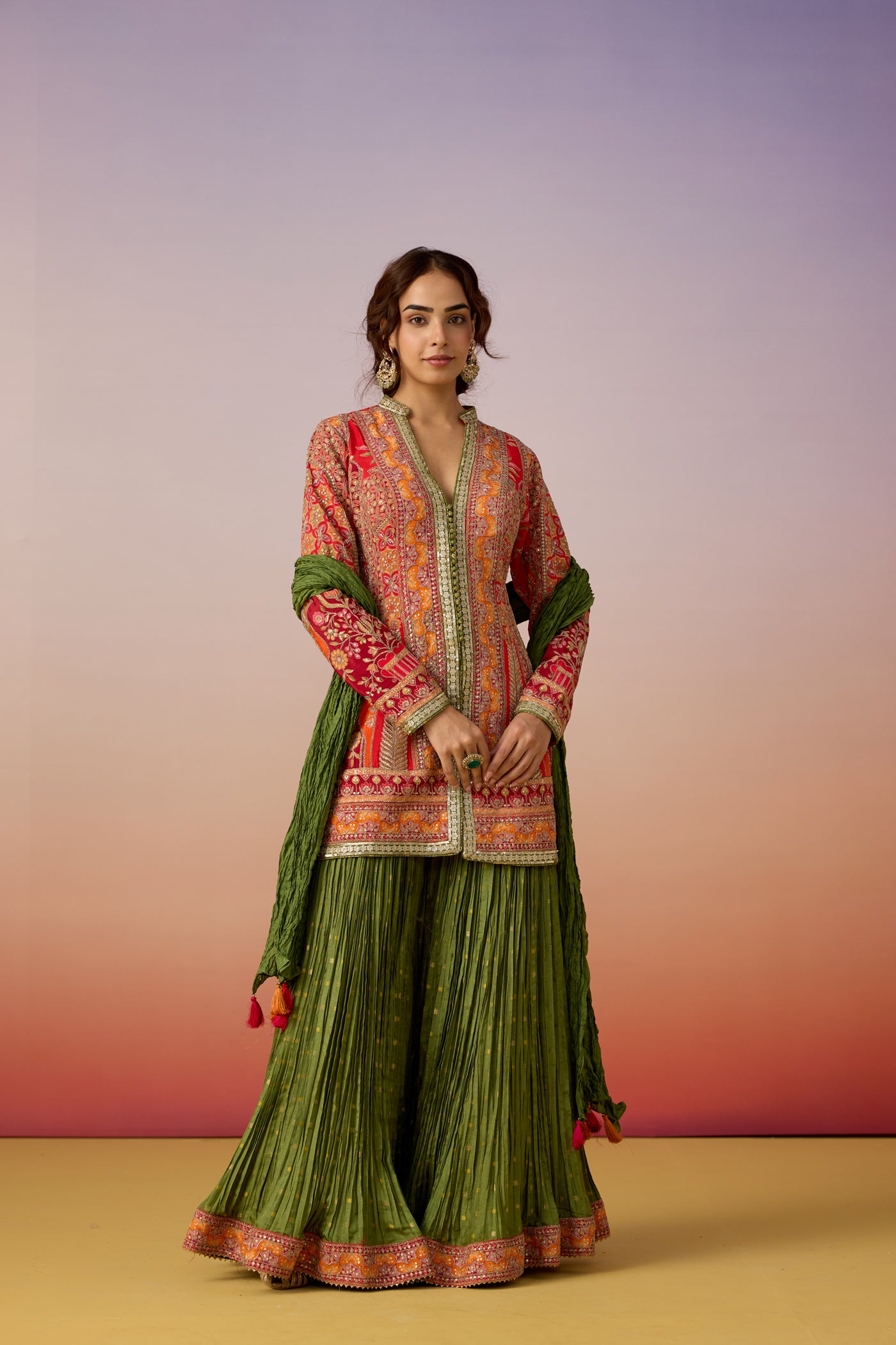 Coral Celadon Embellished Premium Silk Sharara Set