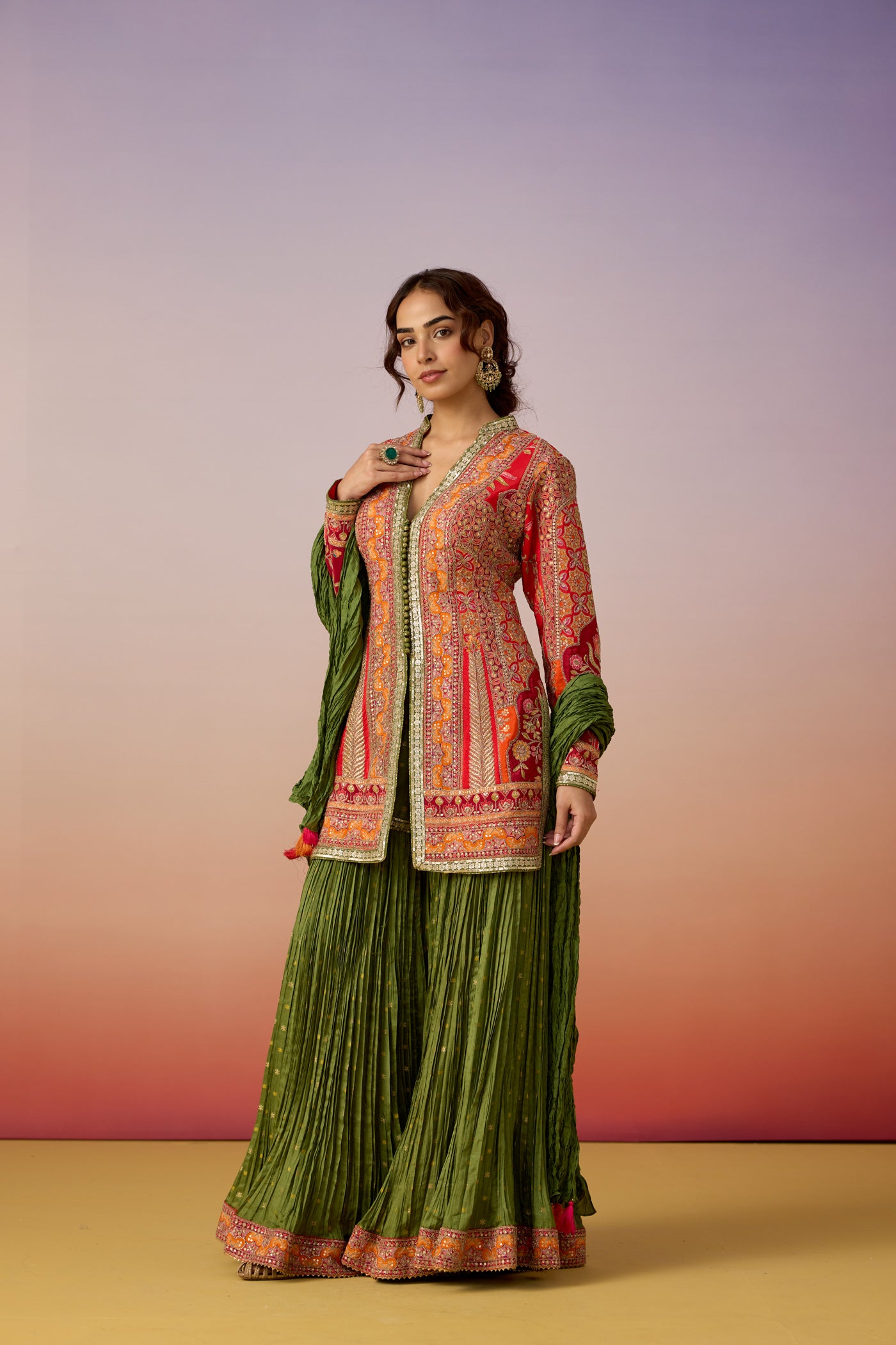Coral Celadon Embellished Premium Silk Sharara Set