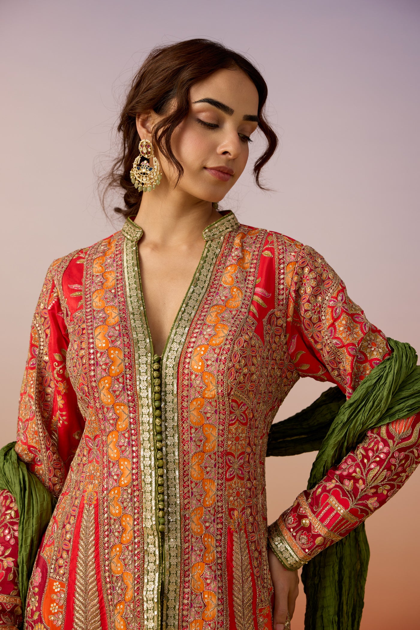 Coral Celadon Embellished Premium Silk Sharara Set