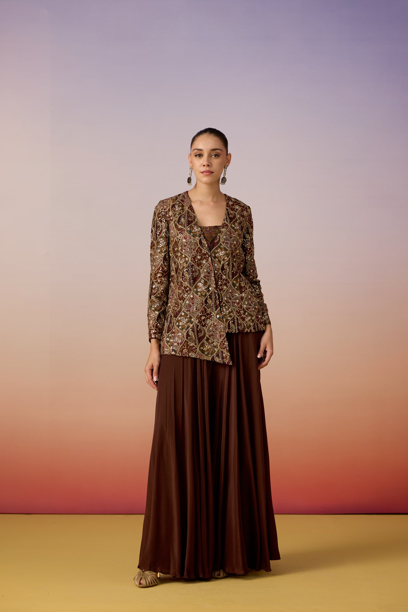 Chocolate Brown Embellished Chinon Silk Palazzo Set