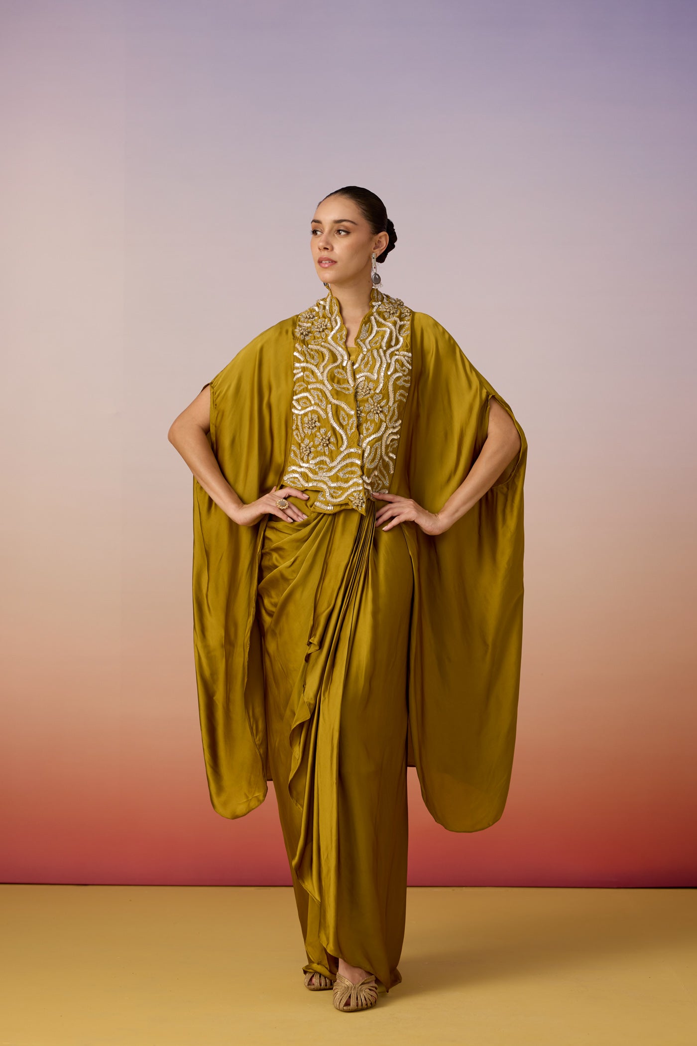 Olive Green Embellished Crepe Silk Kaftan Set