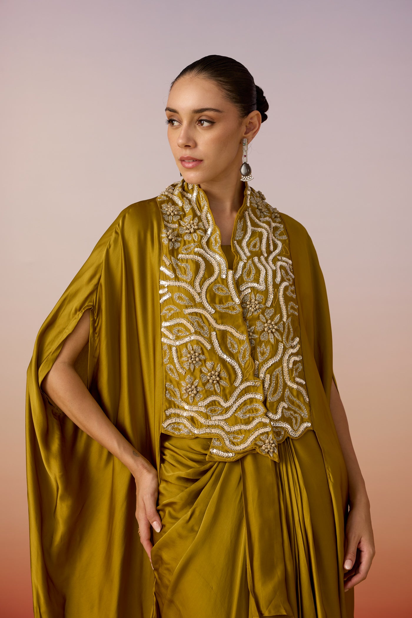 Olive Green Embellished Crepe Silk Kaftan Set