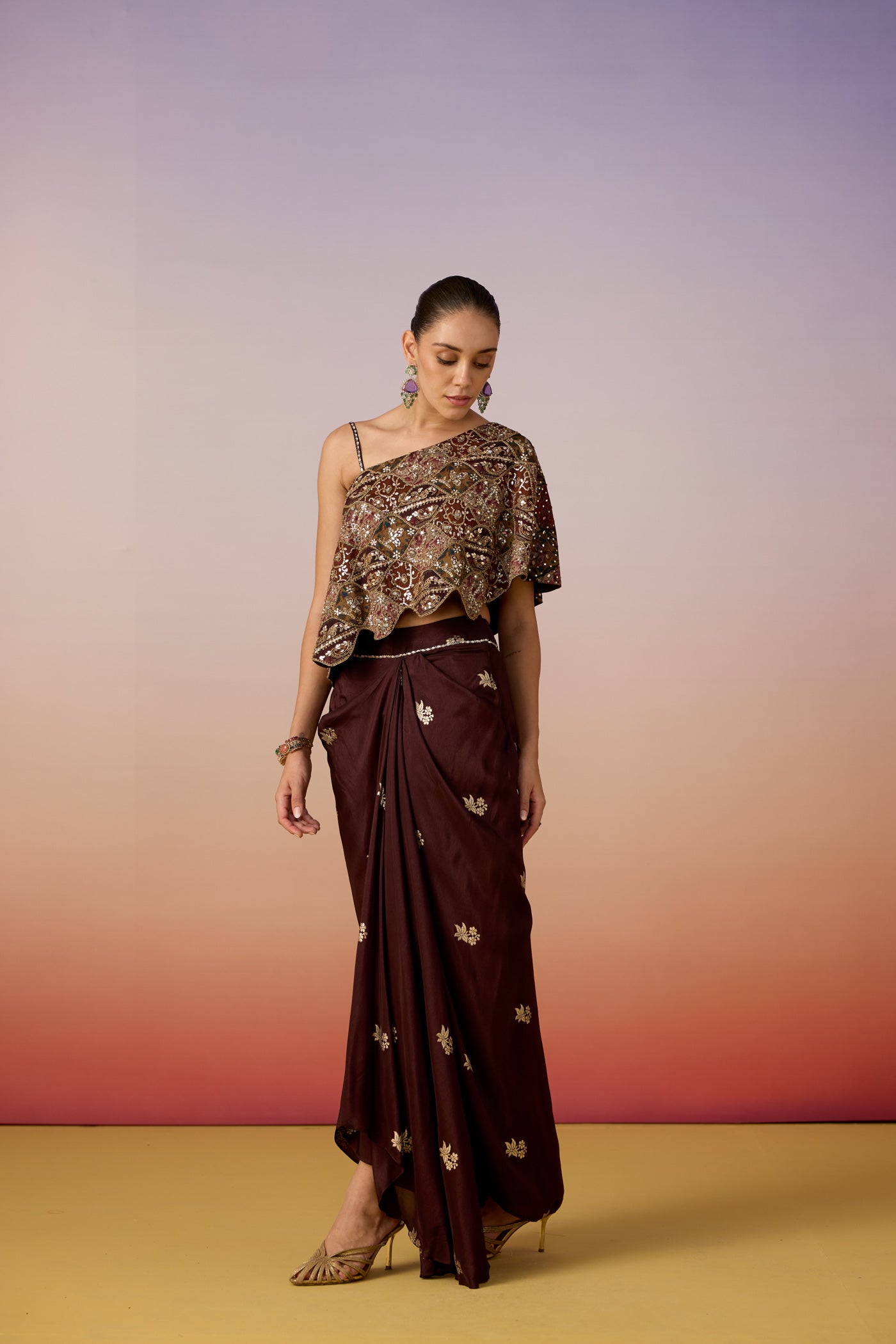 Rich Mocha Embellished Crepe Silk Skirt Set