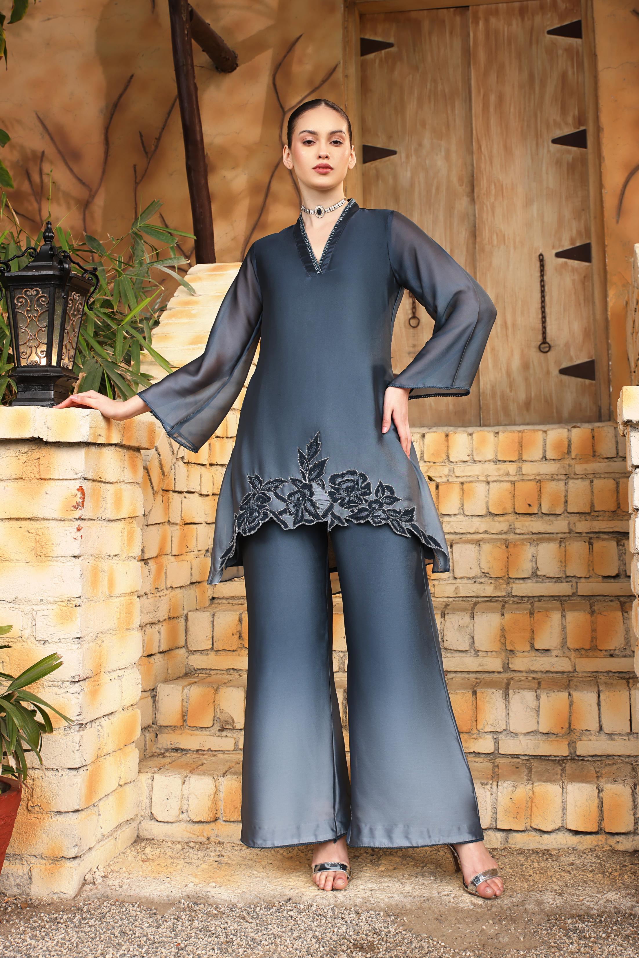 Incredible Blue Georgette Silk Palazzo Set