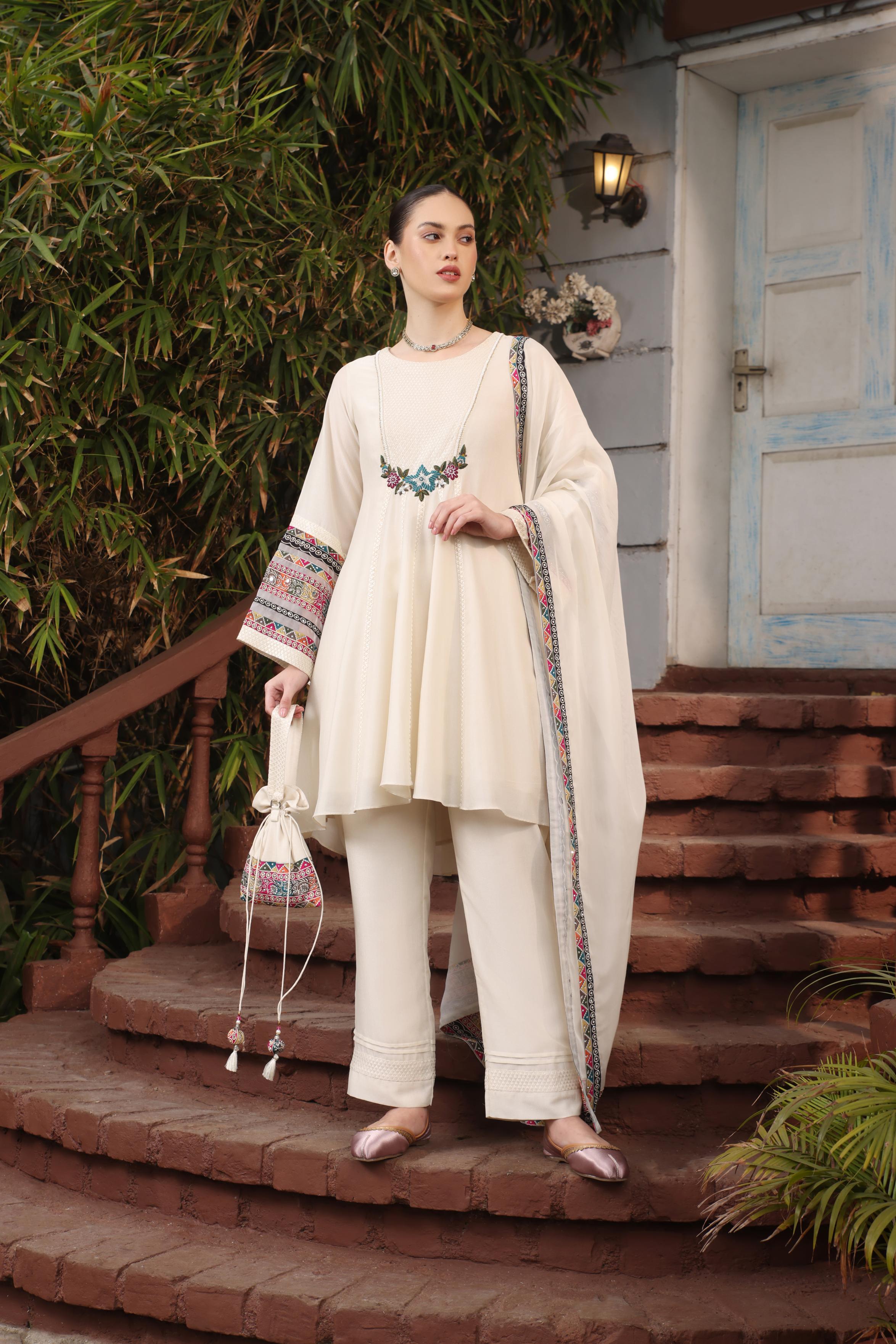 Off White Handwork Premium Silk Kurta Set
