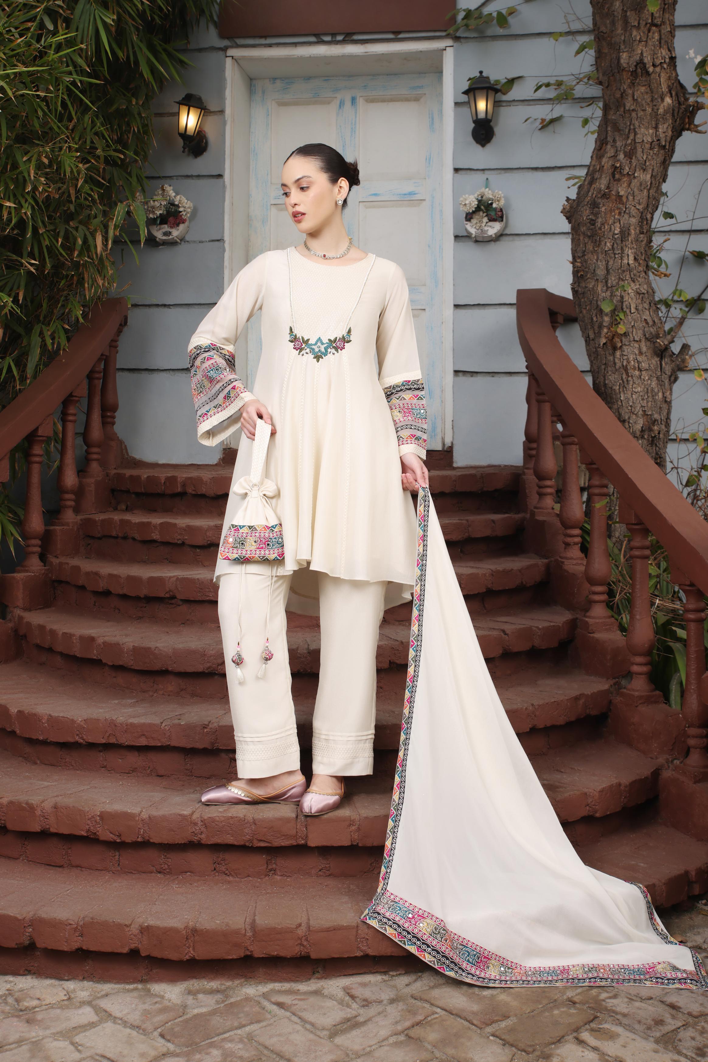 Off White Handwork Premium Silk Kurta Set