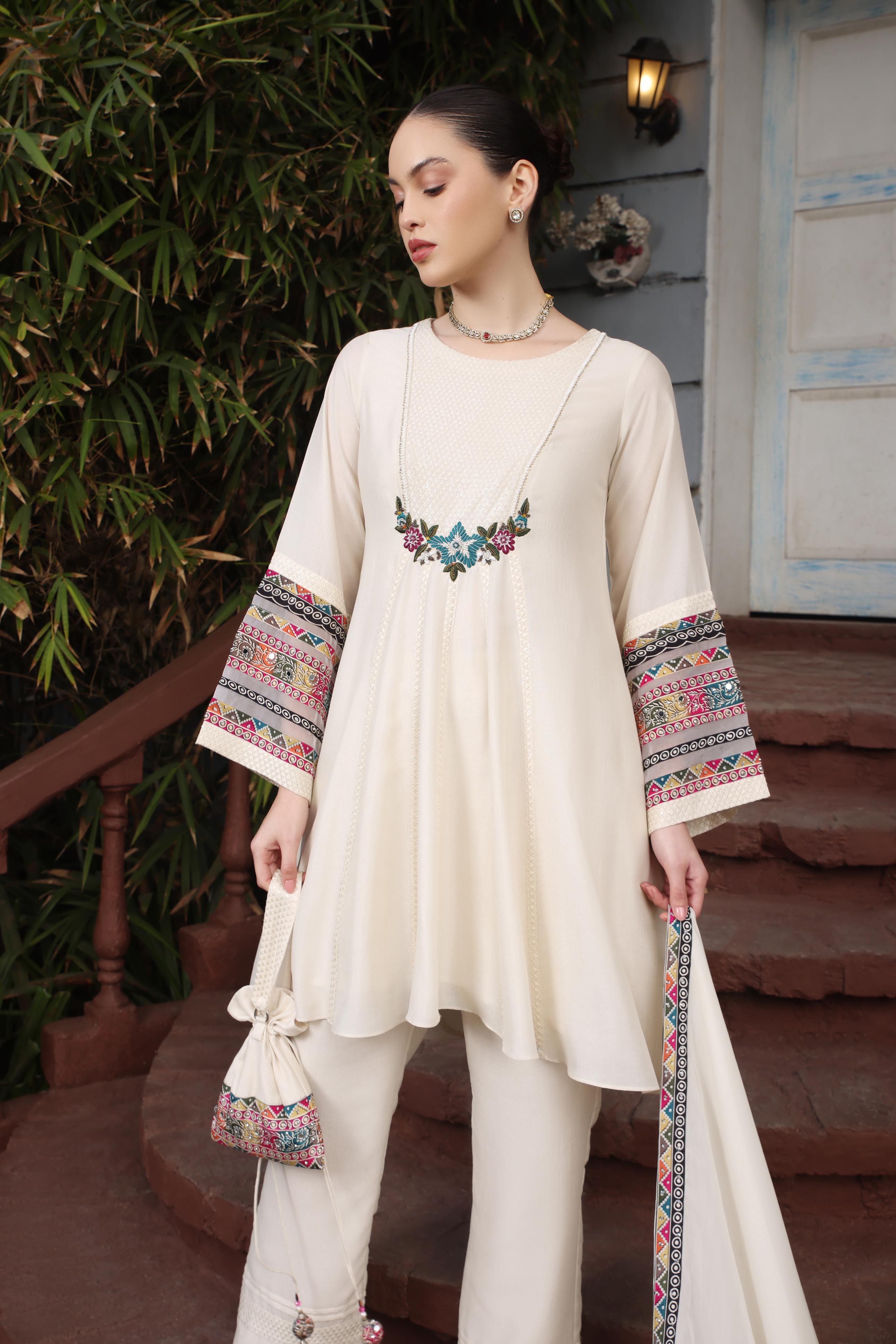 Off White Handwork Premium Silk Kurta Set