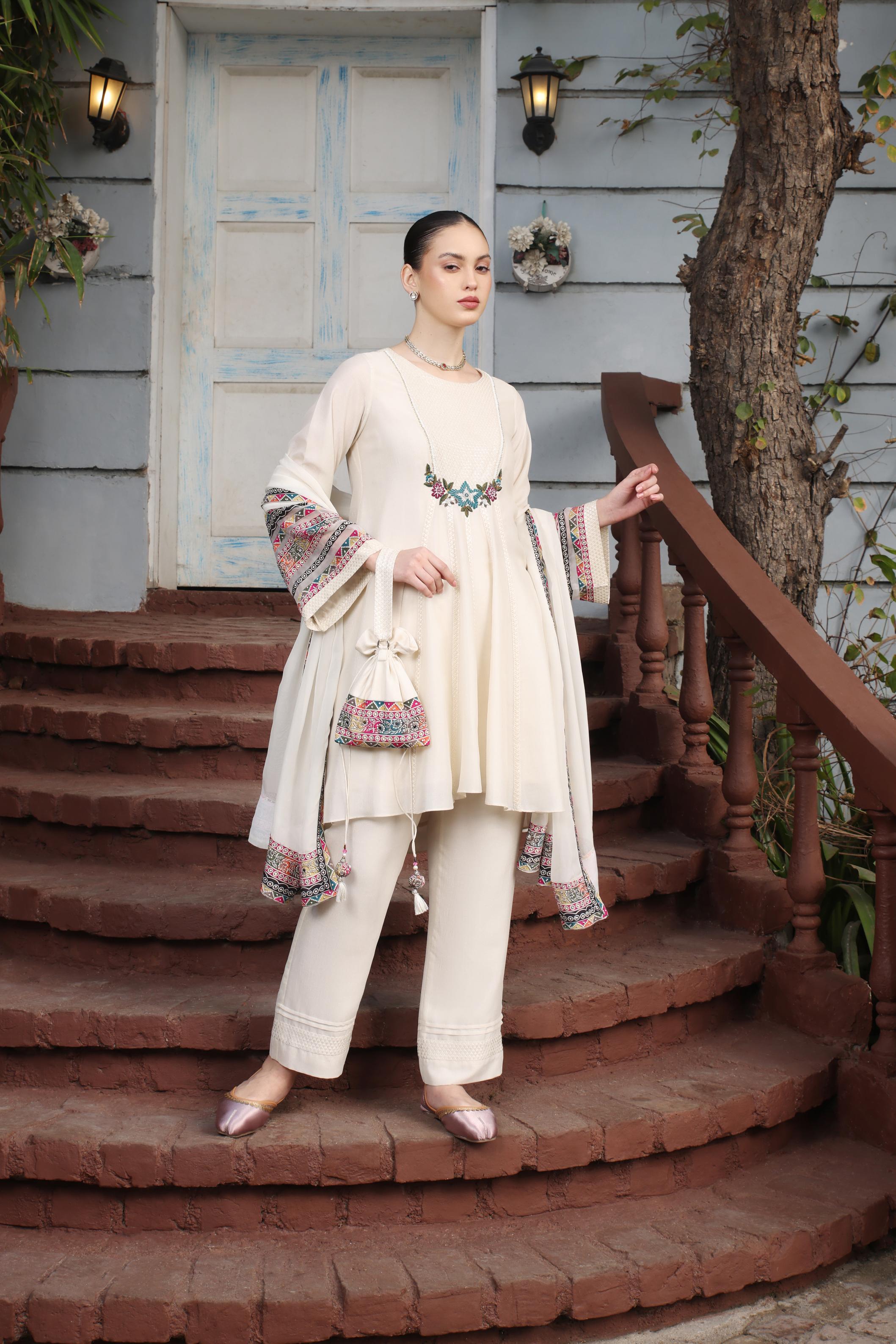 Off White Handwork Premium Silk Kurta Set
