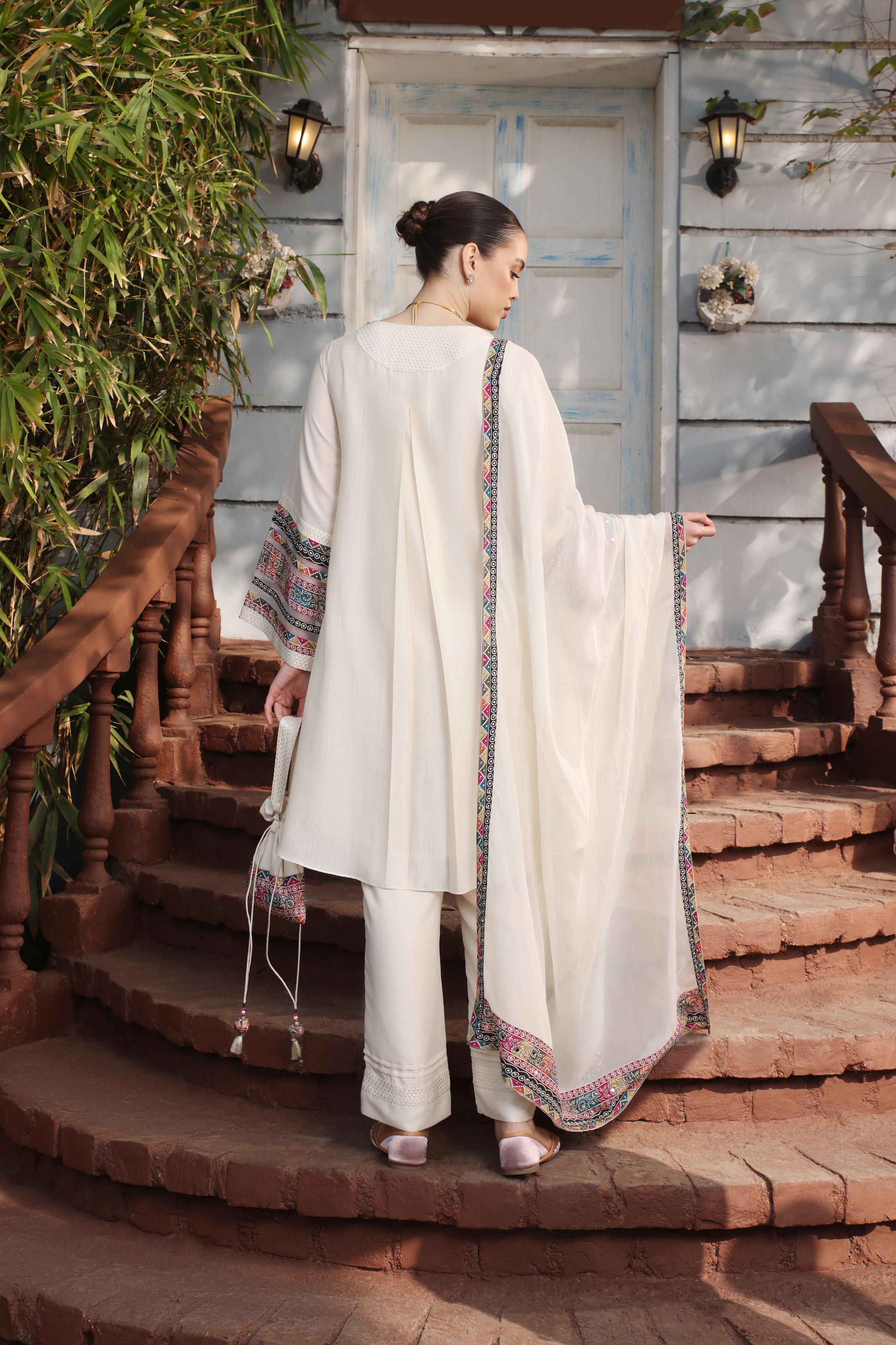 Off White Handwork Premium Silk Kurta Set