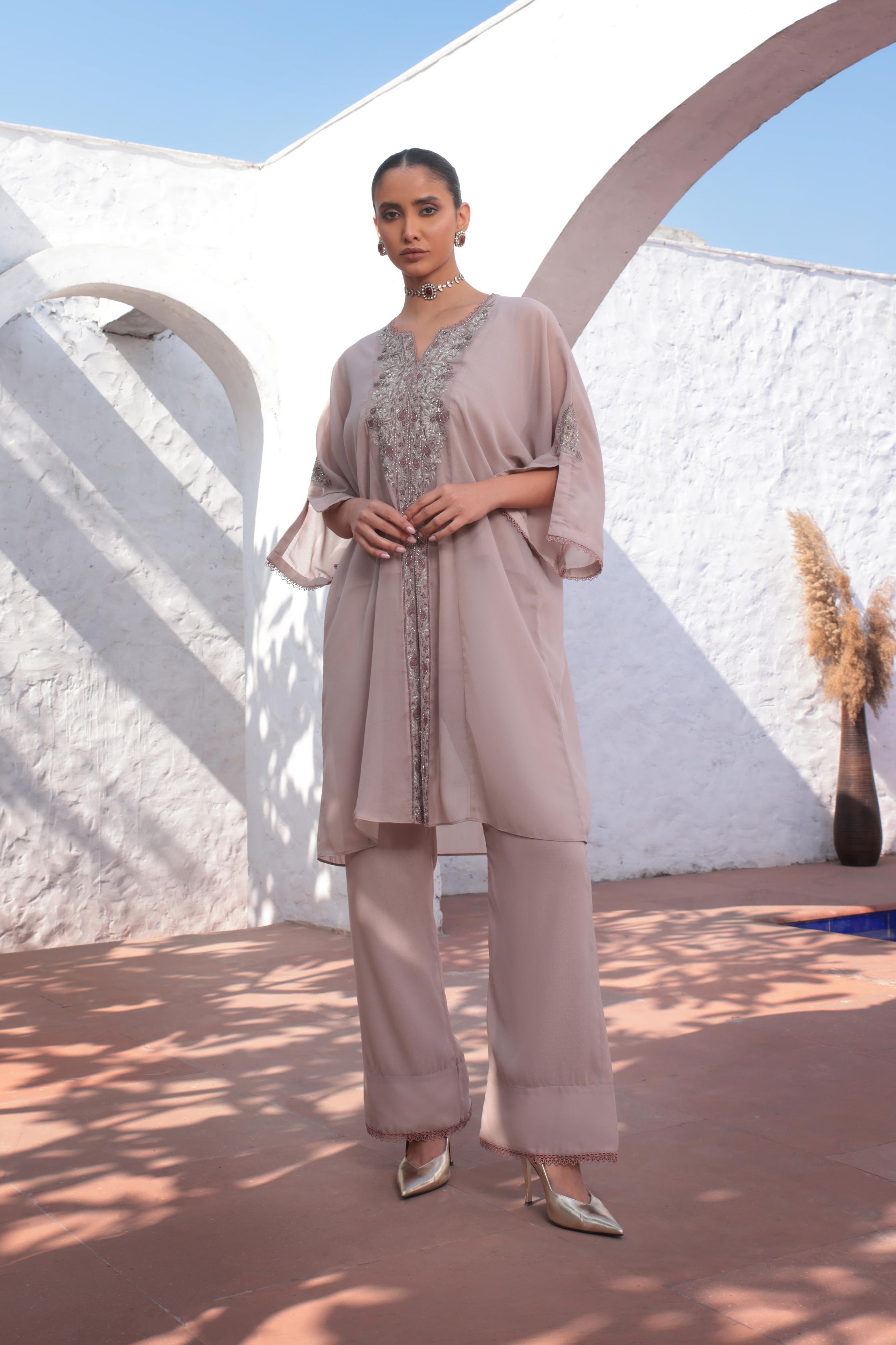 Nude Pink Handwork Georgette Silk Pants Set
