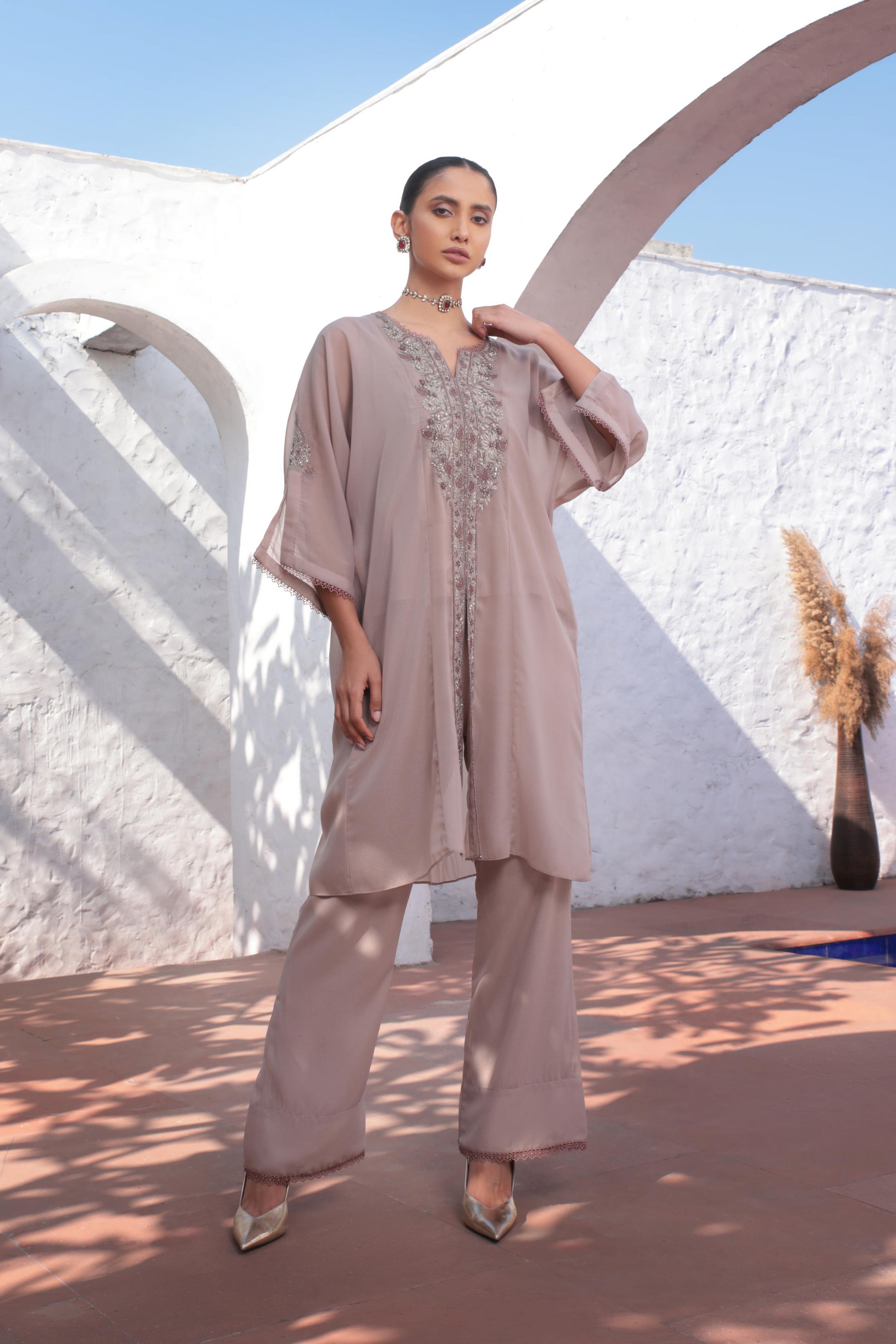 Nude Pink Handwork Georgette Silk Pants Set