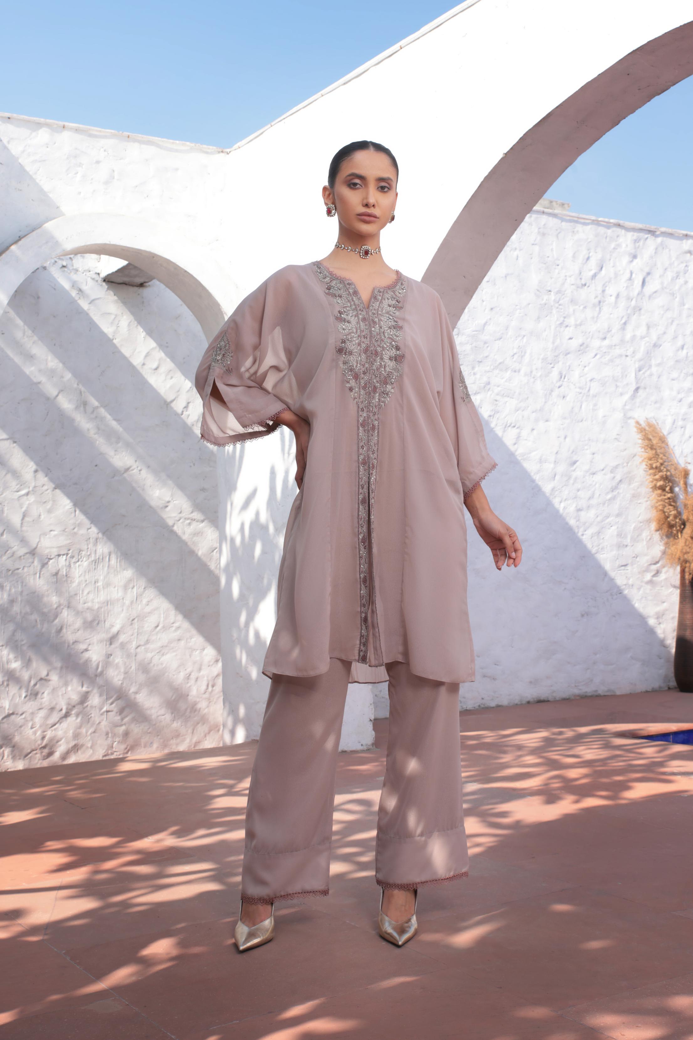 Nude Pink Handwork Georgette Silk Pants Set