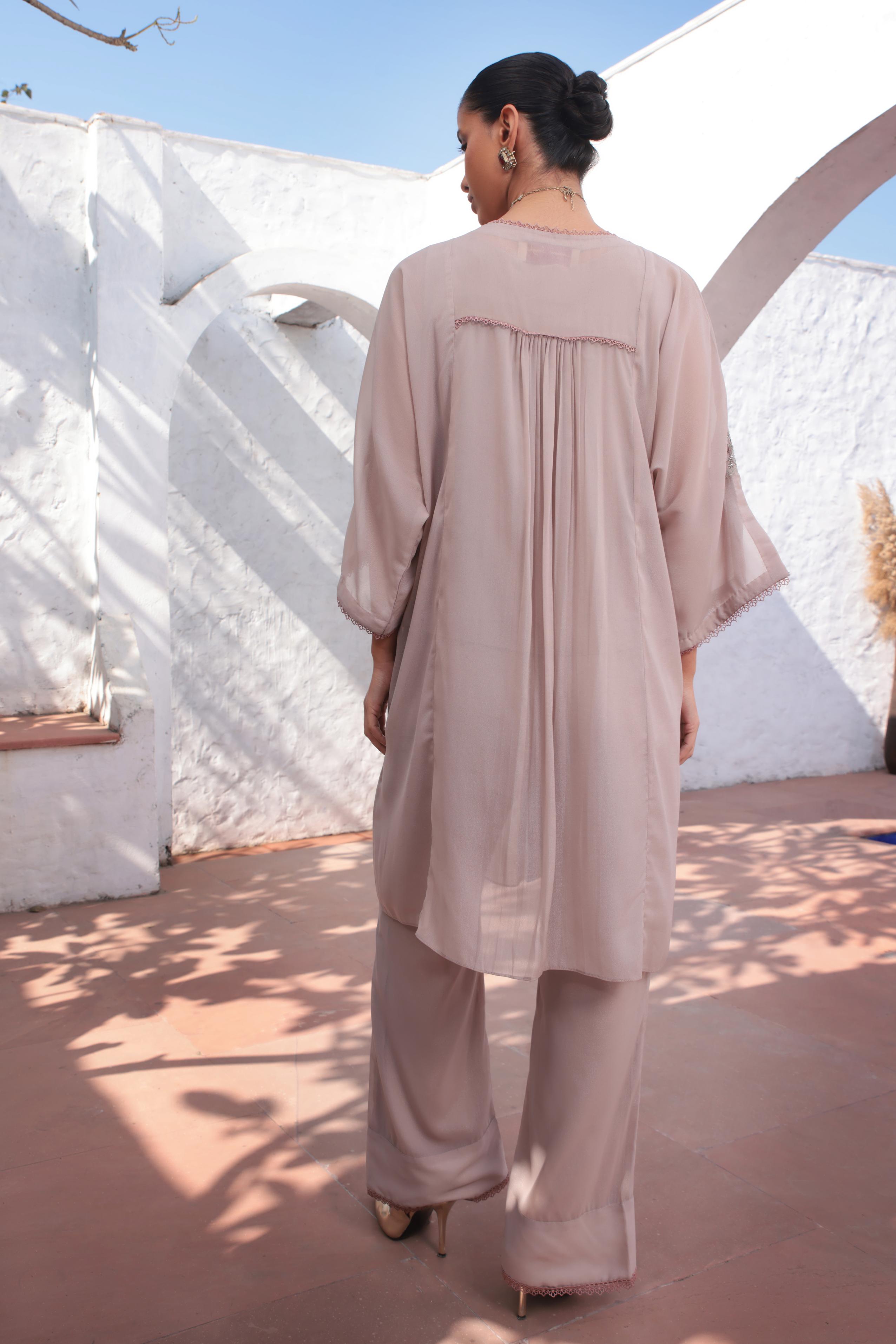 Nude Pink Handwork Georgette Silk Pants Set